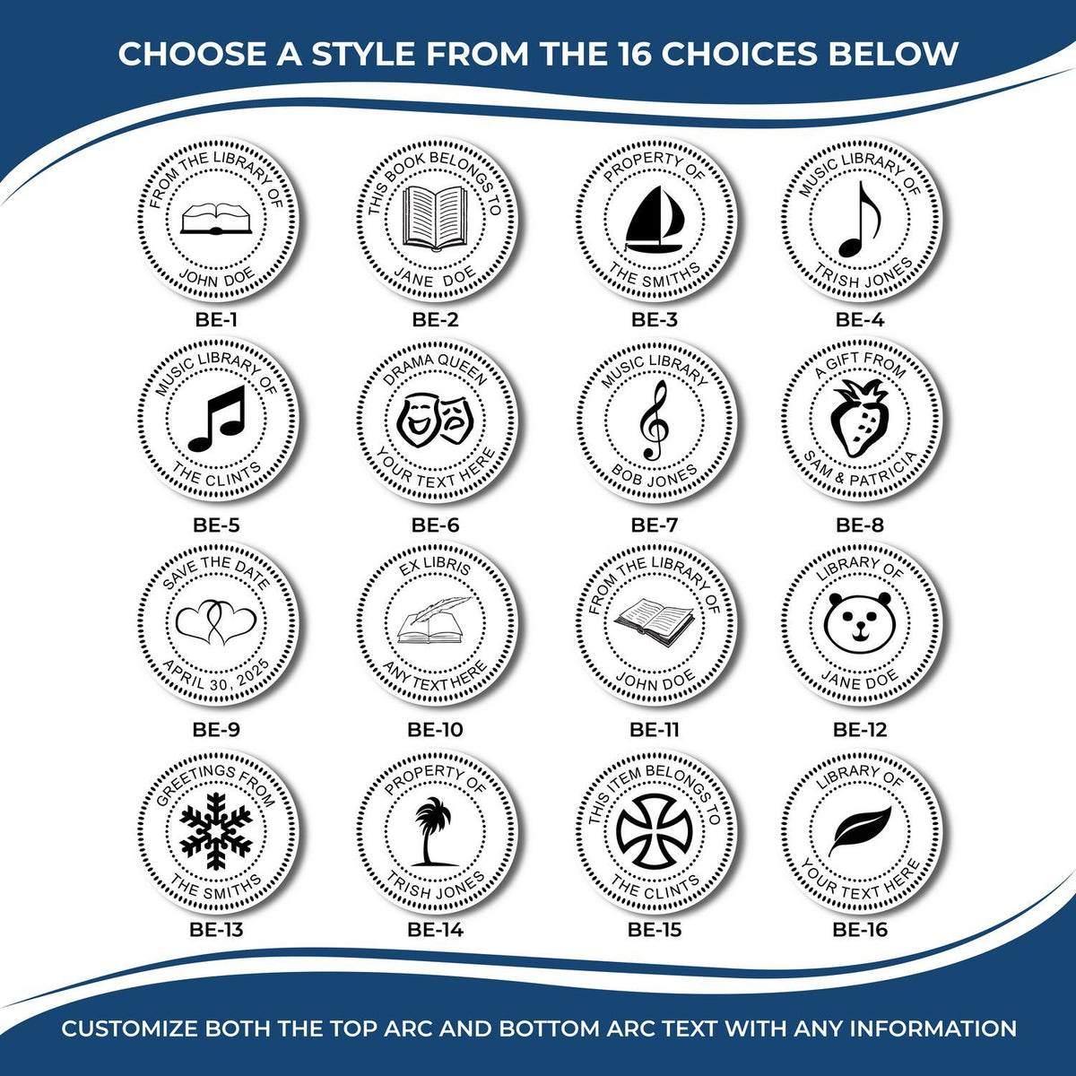 16 customizable circular ex libris stamp designs with book, music, and gift icons, featuring personalized library ownership text options.