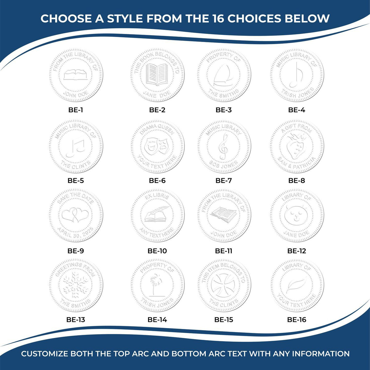Customizable book embosser seal design chart with 16 library-style logo options and personalized text arcs.