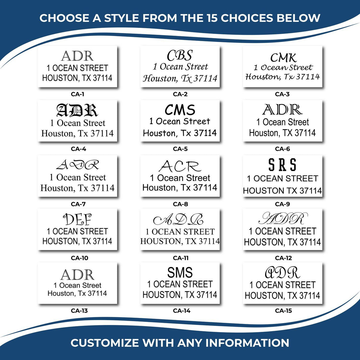 Customizable address label design chart with 15 elegant font styles for monogram and mailing labels, featuring sample Houston, TX address text.
