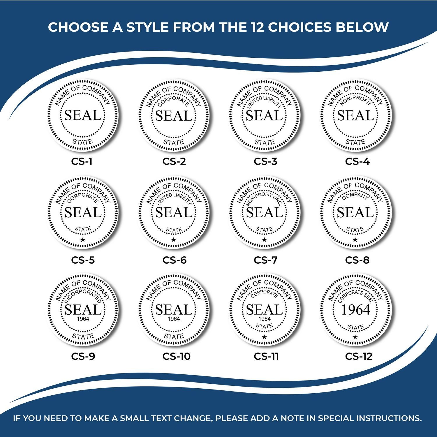 12 corporate seal logo template styles labeled CS-1 to CS-12, with company seal, corporate, LLC, nonprofit, and incorporated design options on a blue and white background.