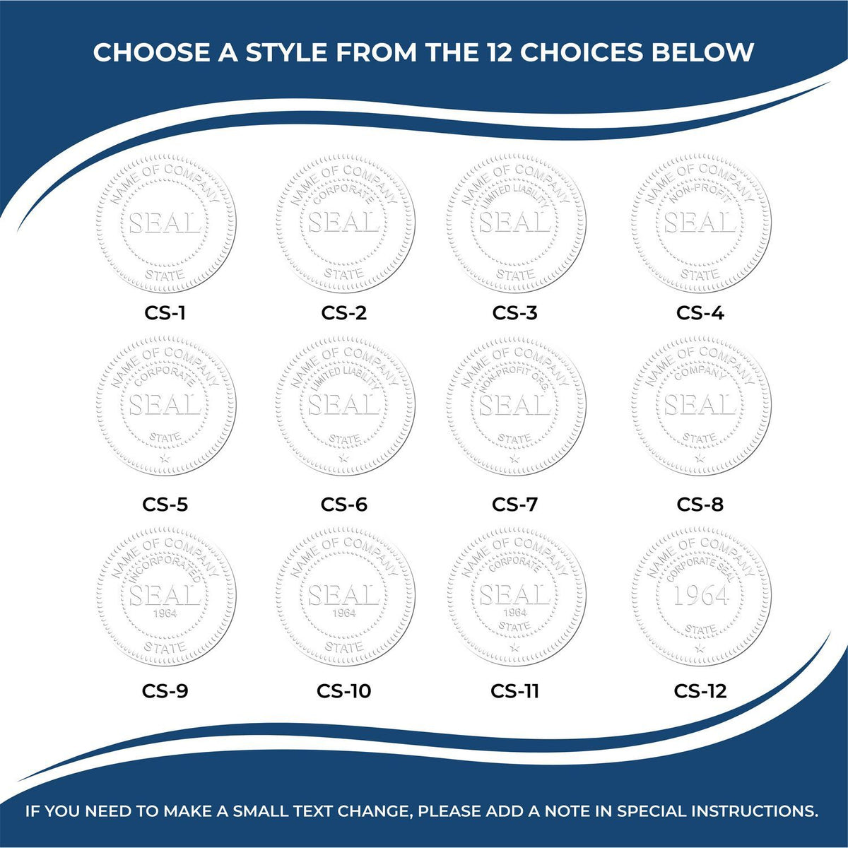 12 custom company seal design options template with corporate stamp styles CS-1 to CS-12 for business branding and official seals.