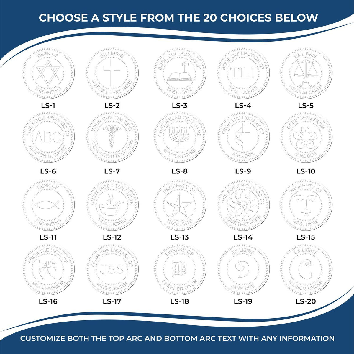 20 custom library embosser and bookplate seal style options with personalized text and monogram designs.