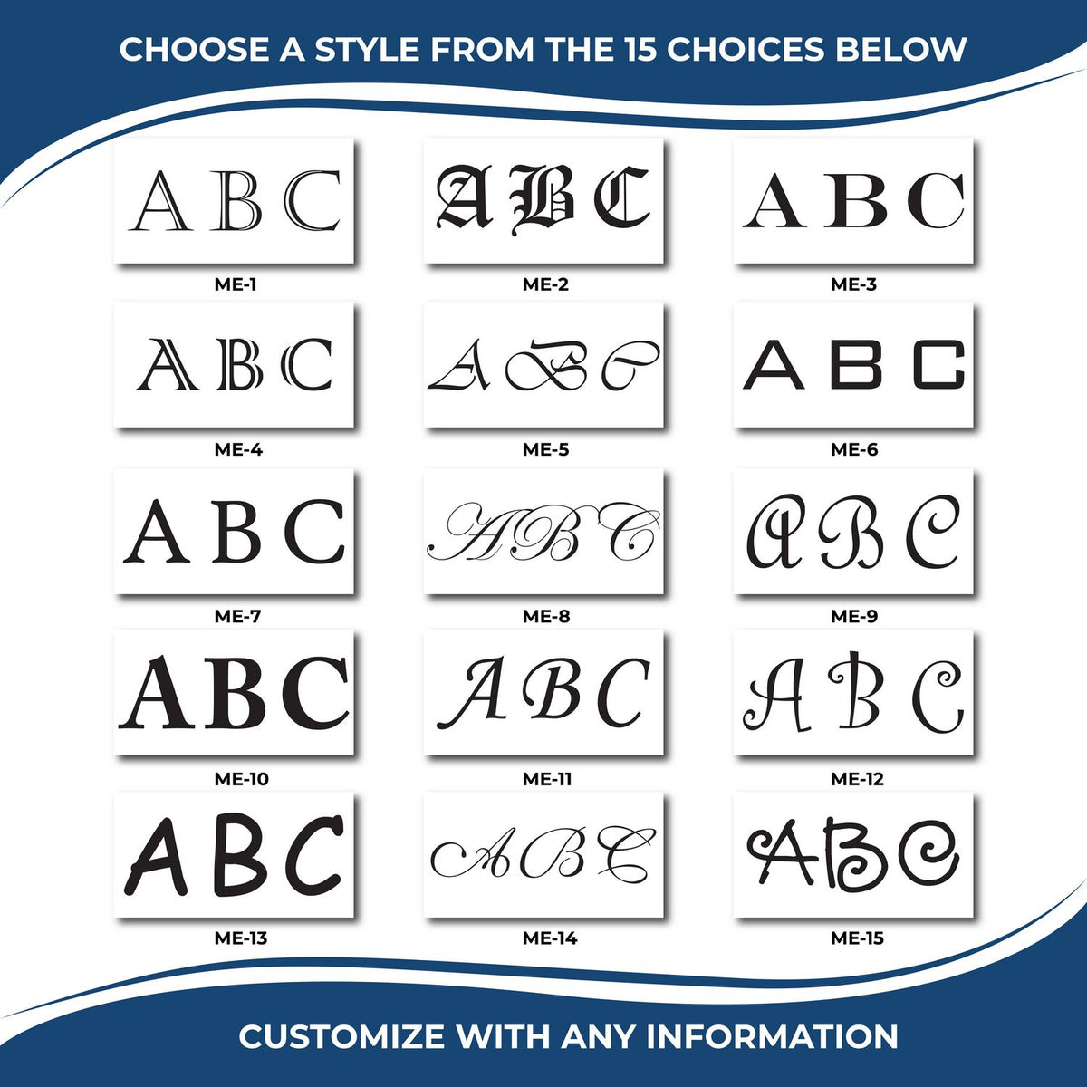 15 customizable monogram font styles with ABC lettering, elegant alphabet design options, and personalized text choices for custom engraving or lettering.