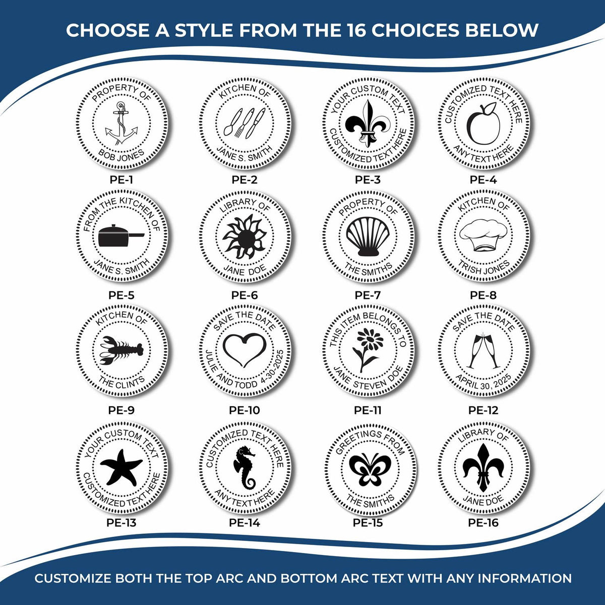 Customizable round monogram label designs with 16 personalized options for kitchen, home, and gift use.