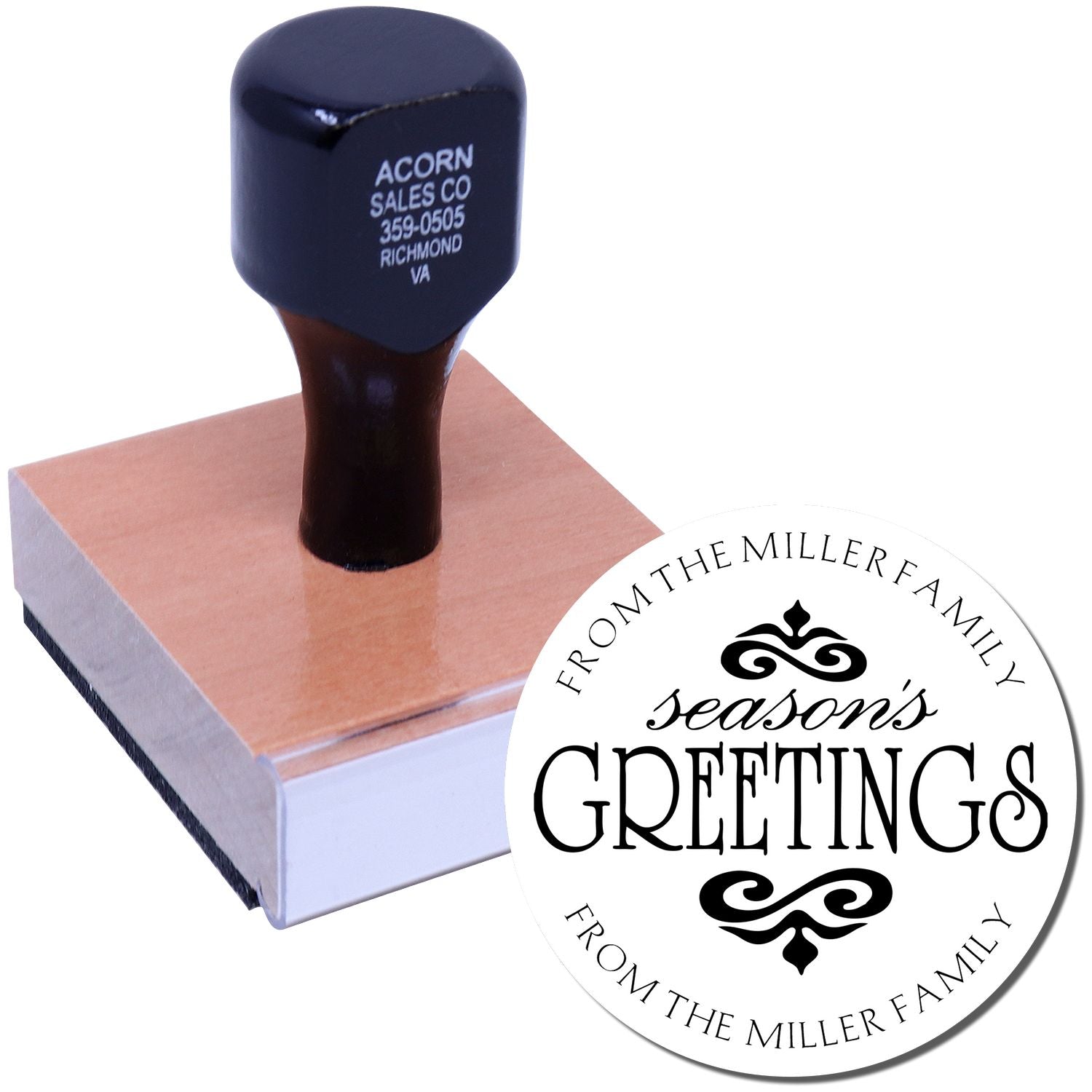 Custom rubber stamp with personalized Seasons Greetings from the Miller Family design for holiday cards.