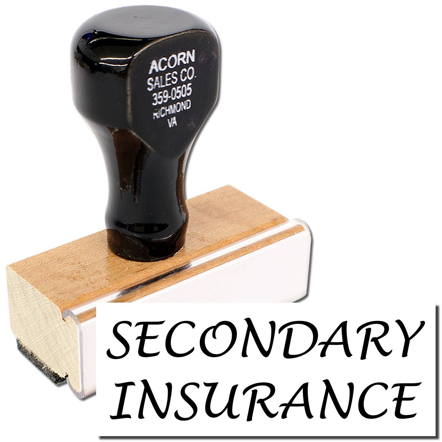 Secondary insurance rubber stamp with wooden handle on white background