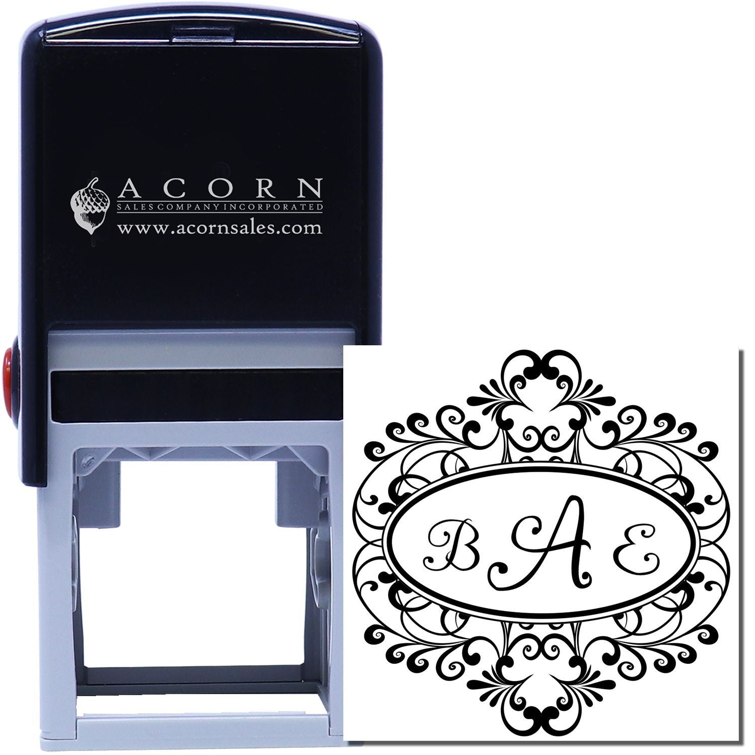 Custom self-inking rubber stamp with ornate monogram design for personalized stationery and business branding.