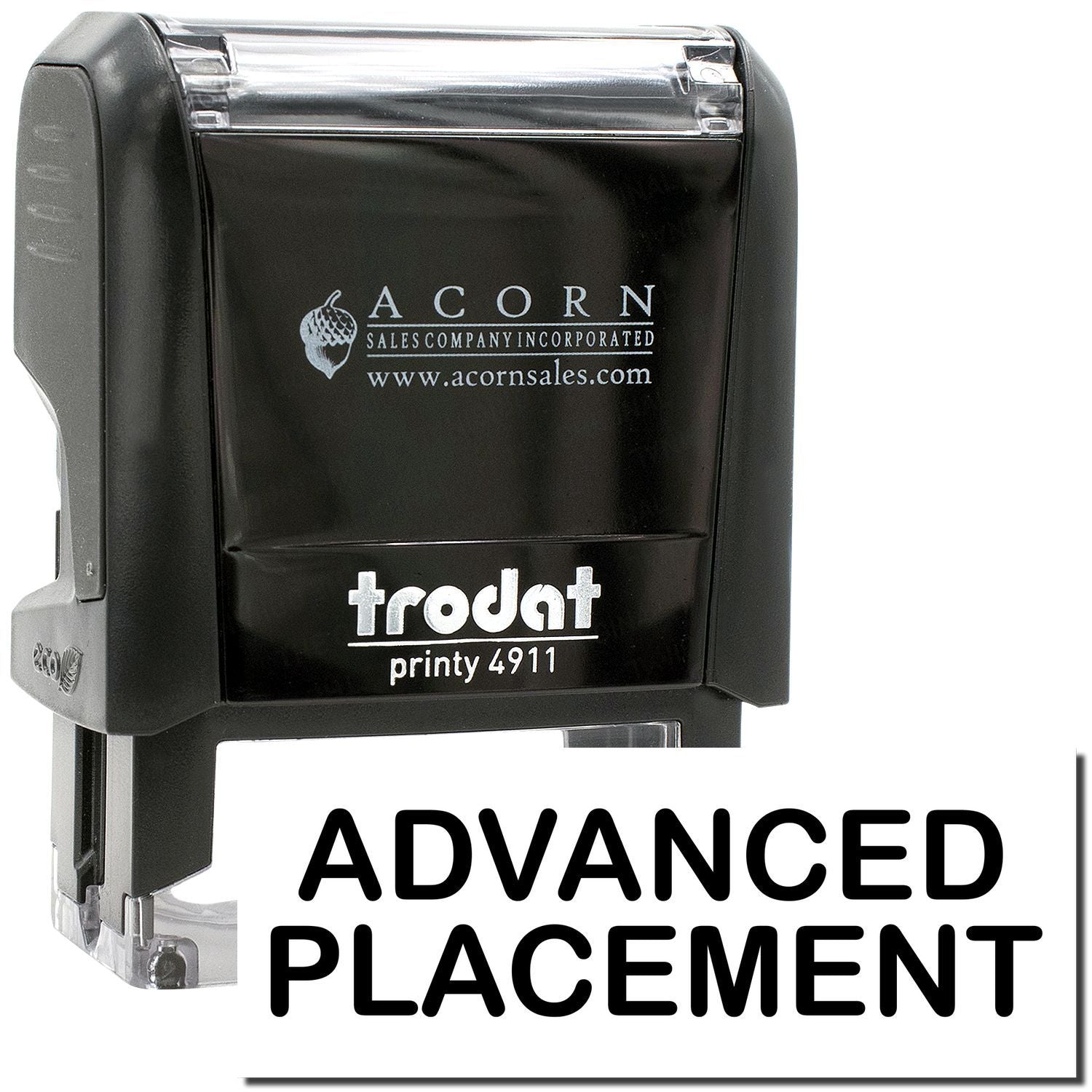 Trodat Printy 4911 self-inking stamp with advanced placement, black Acorn Sales logo model on white background.