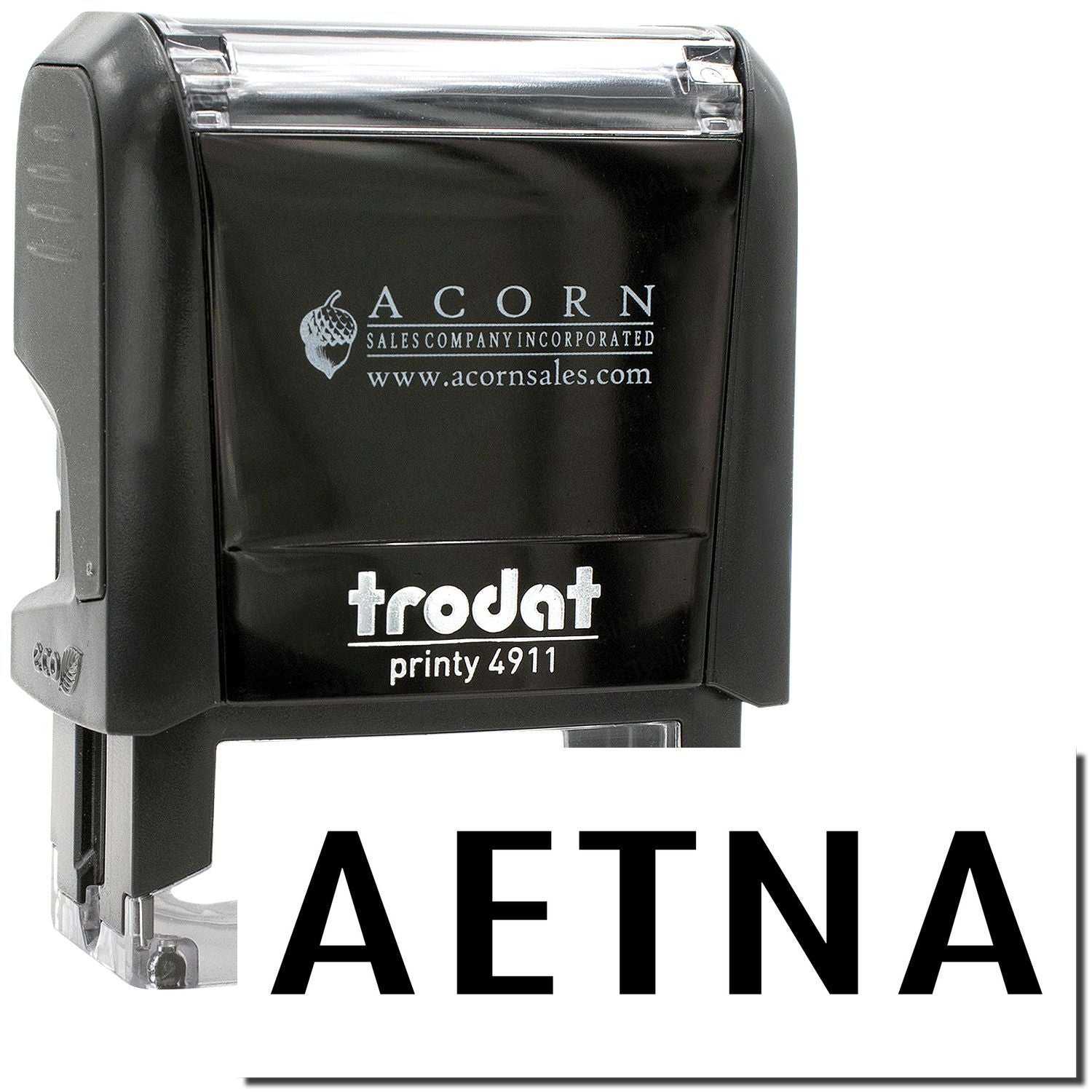 Aetna Trodat Printy 4911 self-inking stamp with Acorn Sales Company logo on black casing