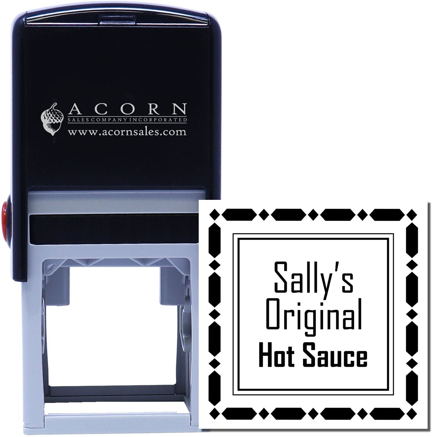 Custom self-inking rubber stamp for Sallys Original Hot Sauce, ideal for branding labels, packaging, and product promotion.