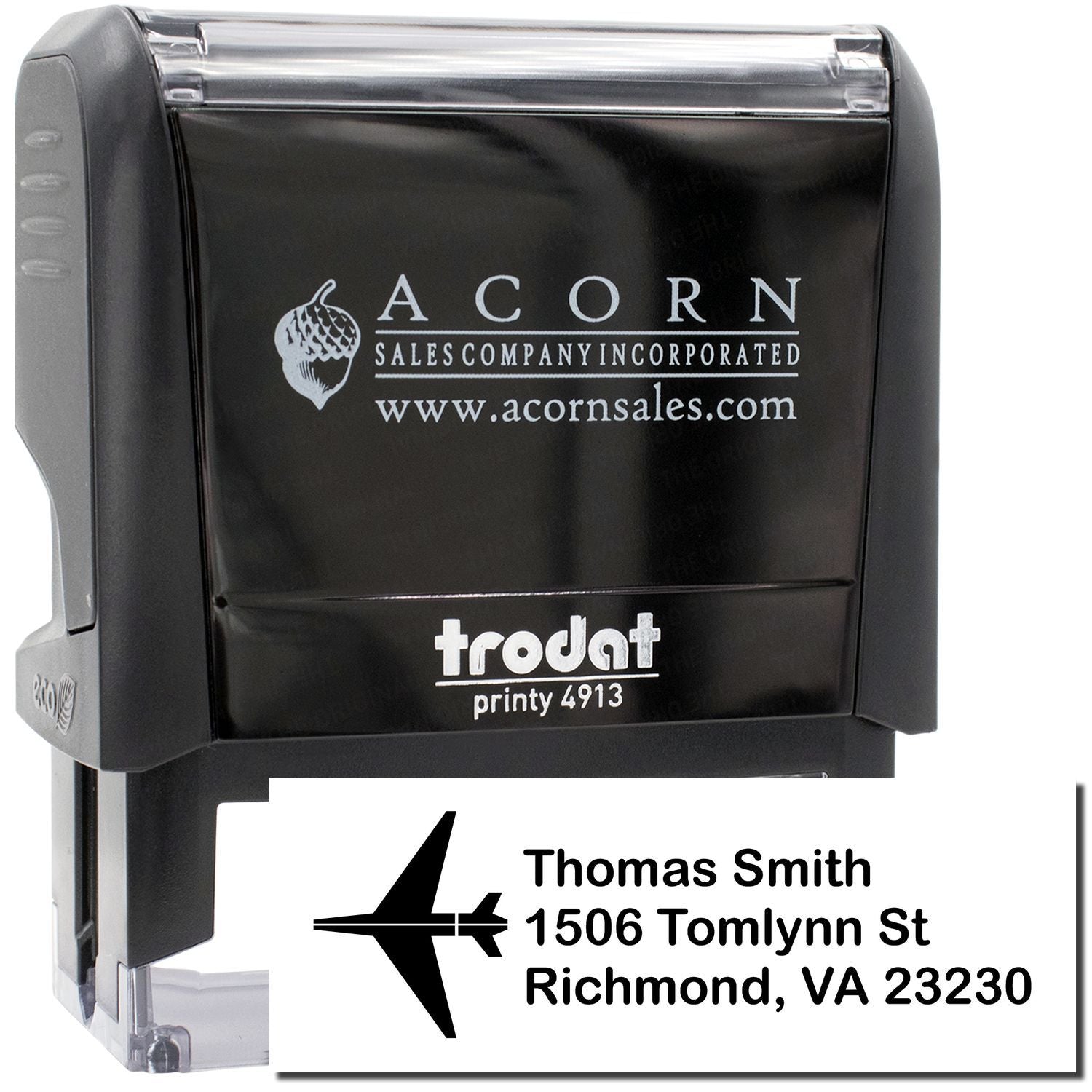 Trodat Printy 4913 custom self-inking address stamp with logo, ideal for business mailing and return address imprinting