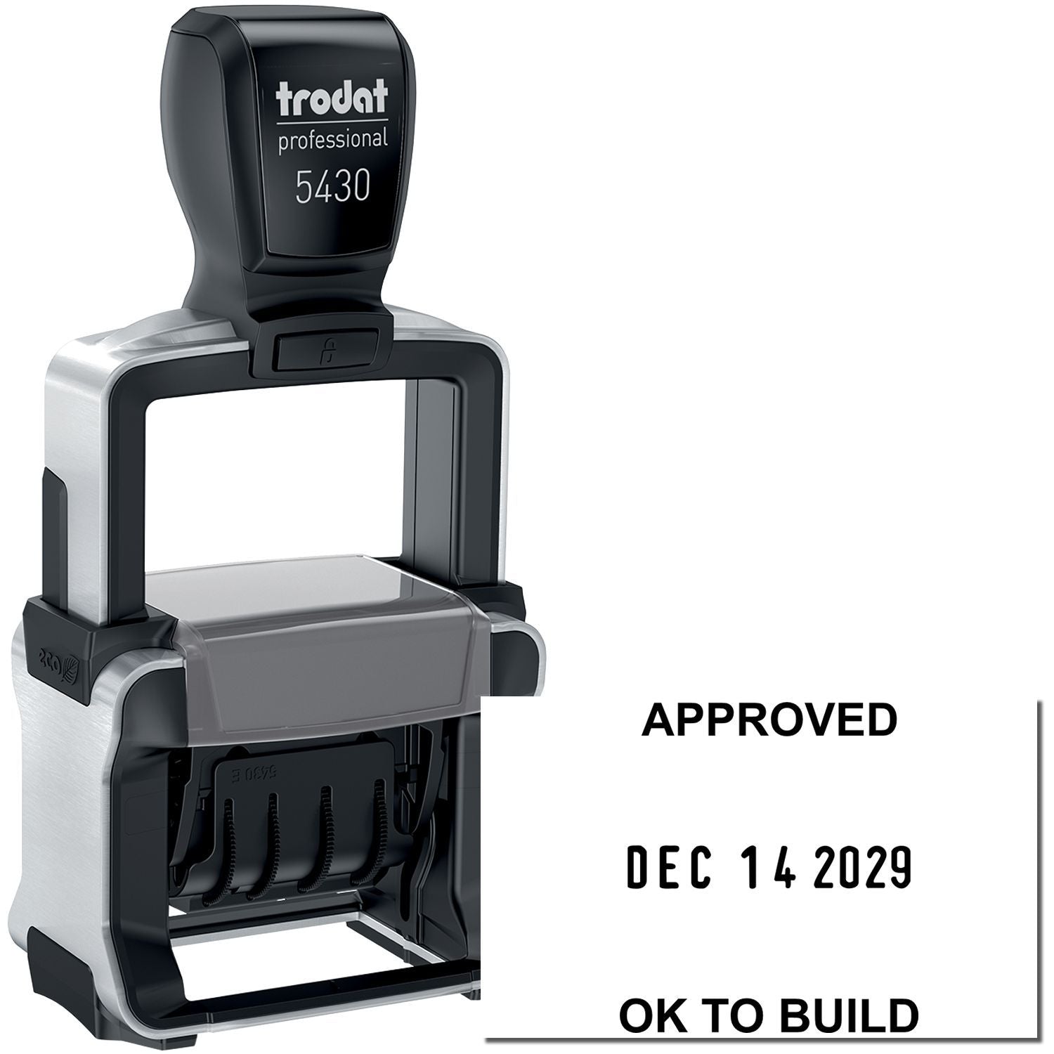 Trodat Professional 5430 self-inking date stamp with Approved and OK to Build imprint text.