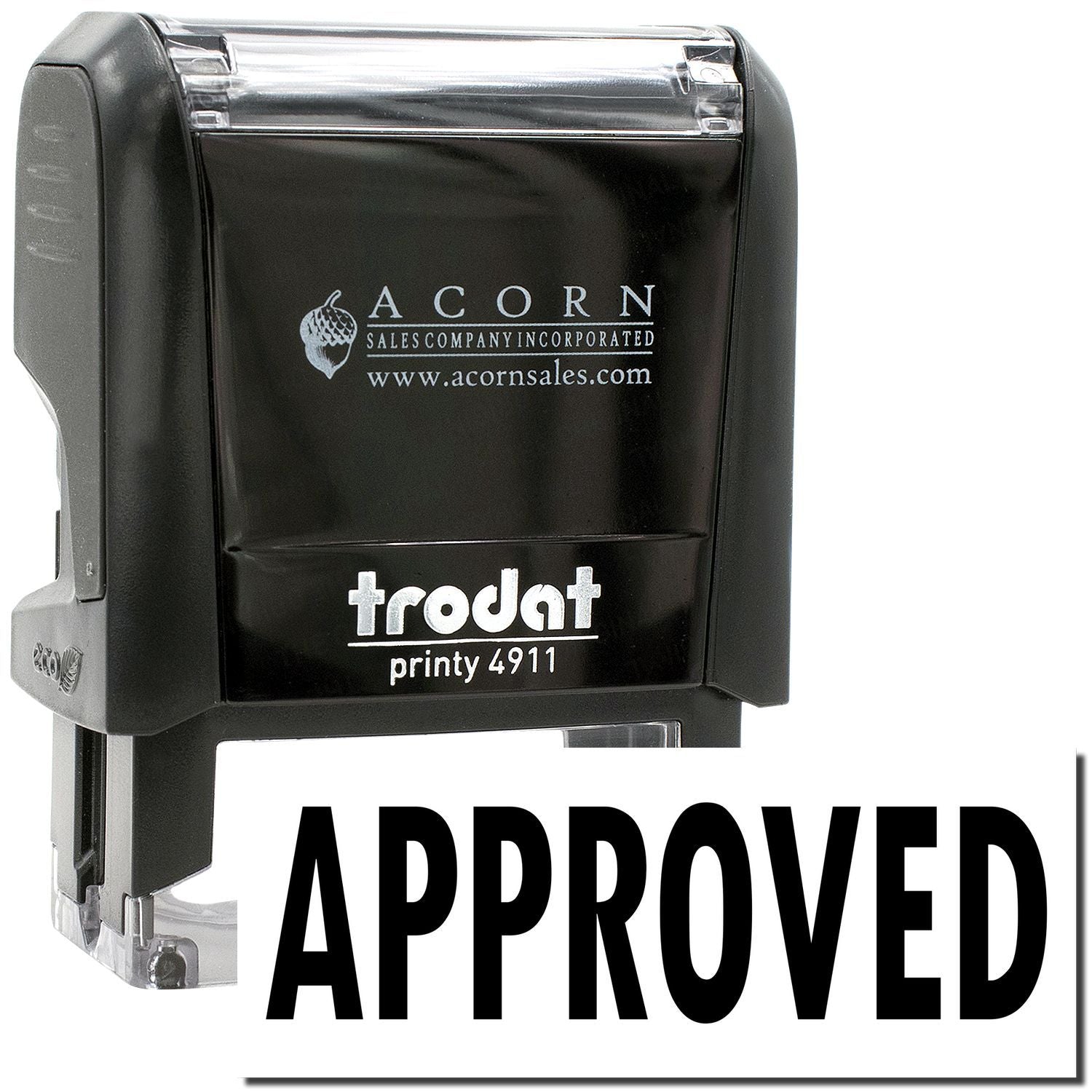 Black Trodat Printy 4911 self-inking approved stamp with Acorn Sales logo