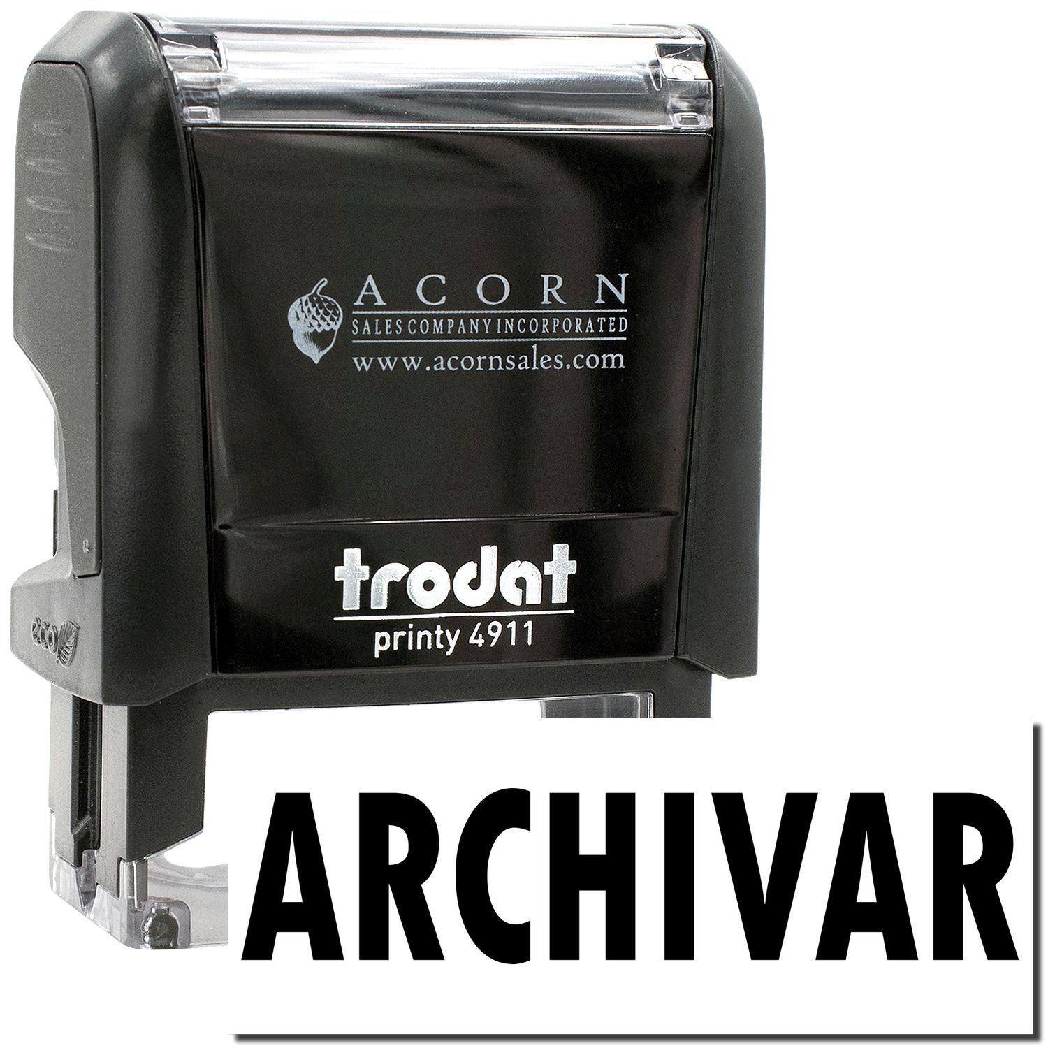 Black Trodat Printy 4911 self-inking stamp with ARCHIVAR text, ideal for office document labeling and archiving.