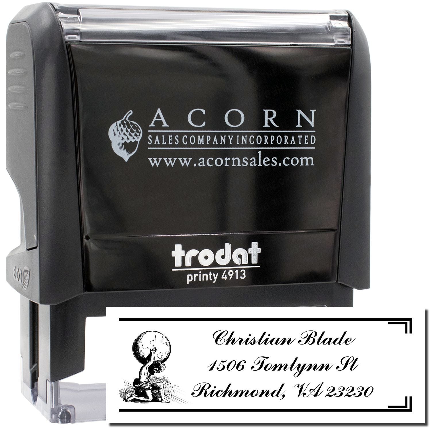 Custom self-inking Trodat Printy 4913 rubber stamp with business logo and address imprint sample for office use