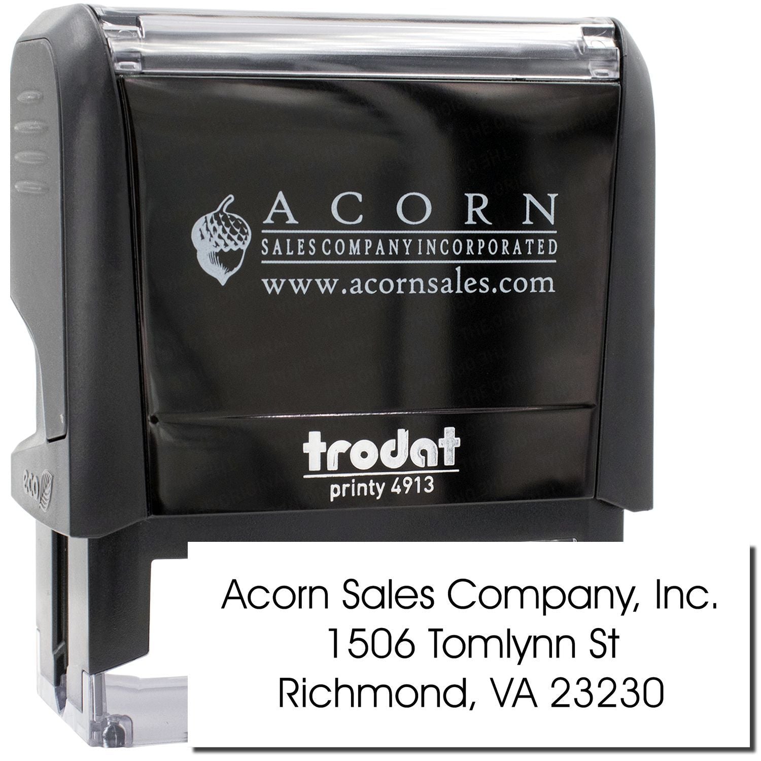 Custom self-inking rubber address stamp for Acorn Sales Company, Inc. with logo and Richmond, VA address, Trodat Printy 4913.