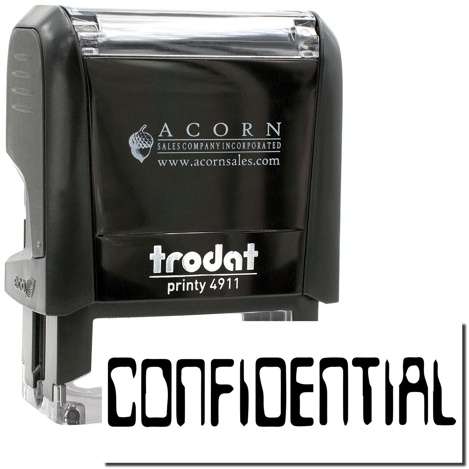 Trodat Printy 4911 confidential self-inking stamp in black with clear cover, ideal for office document marking.