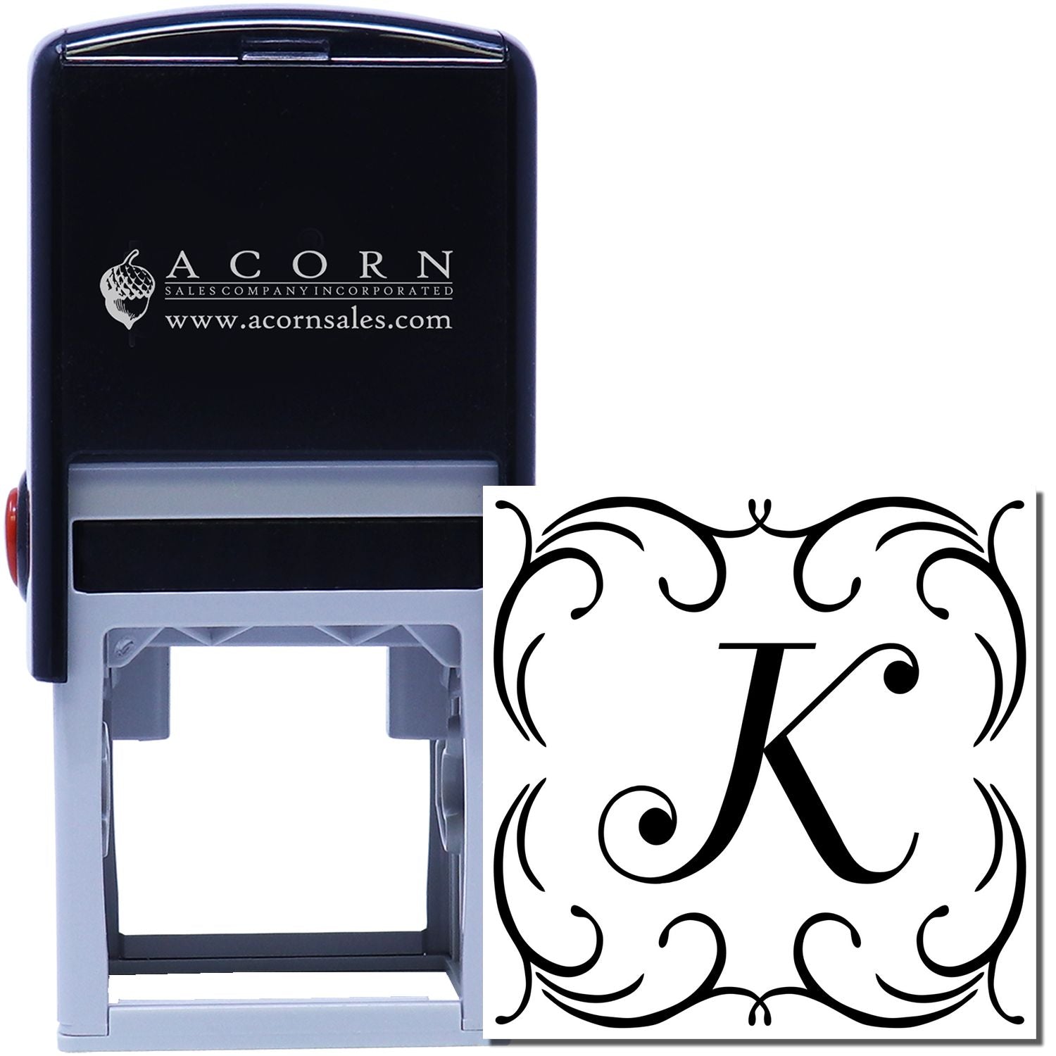 Custom self-inking rubber stamp with ornate monogram K for personalized branding, invitations, and stationery.