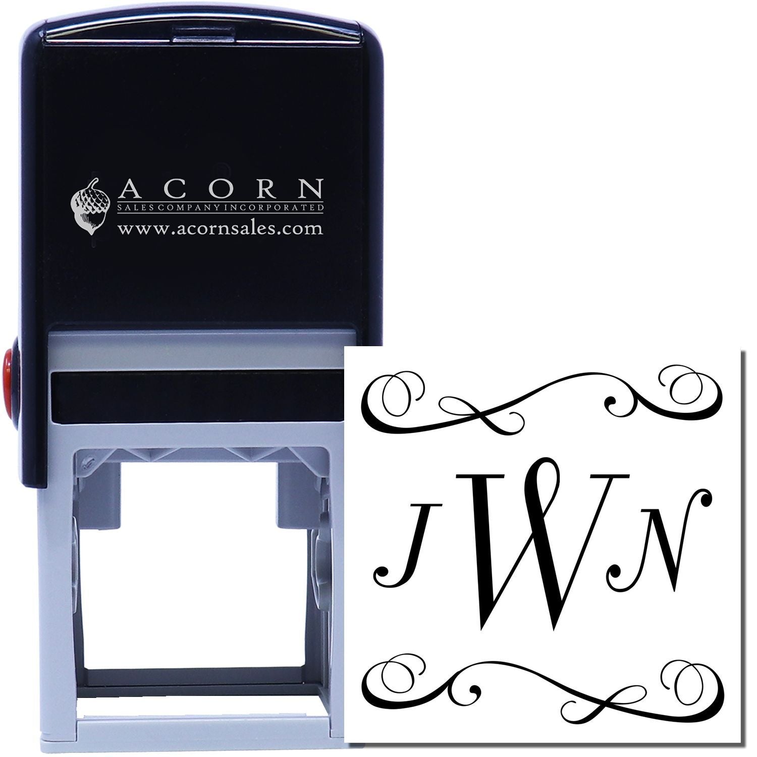 Self-inking monogram rubber stamp with JWN initials and decorative flourishes for wedding invitations, stationery, and branding.