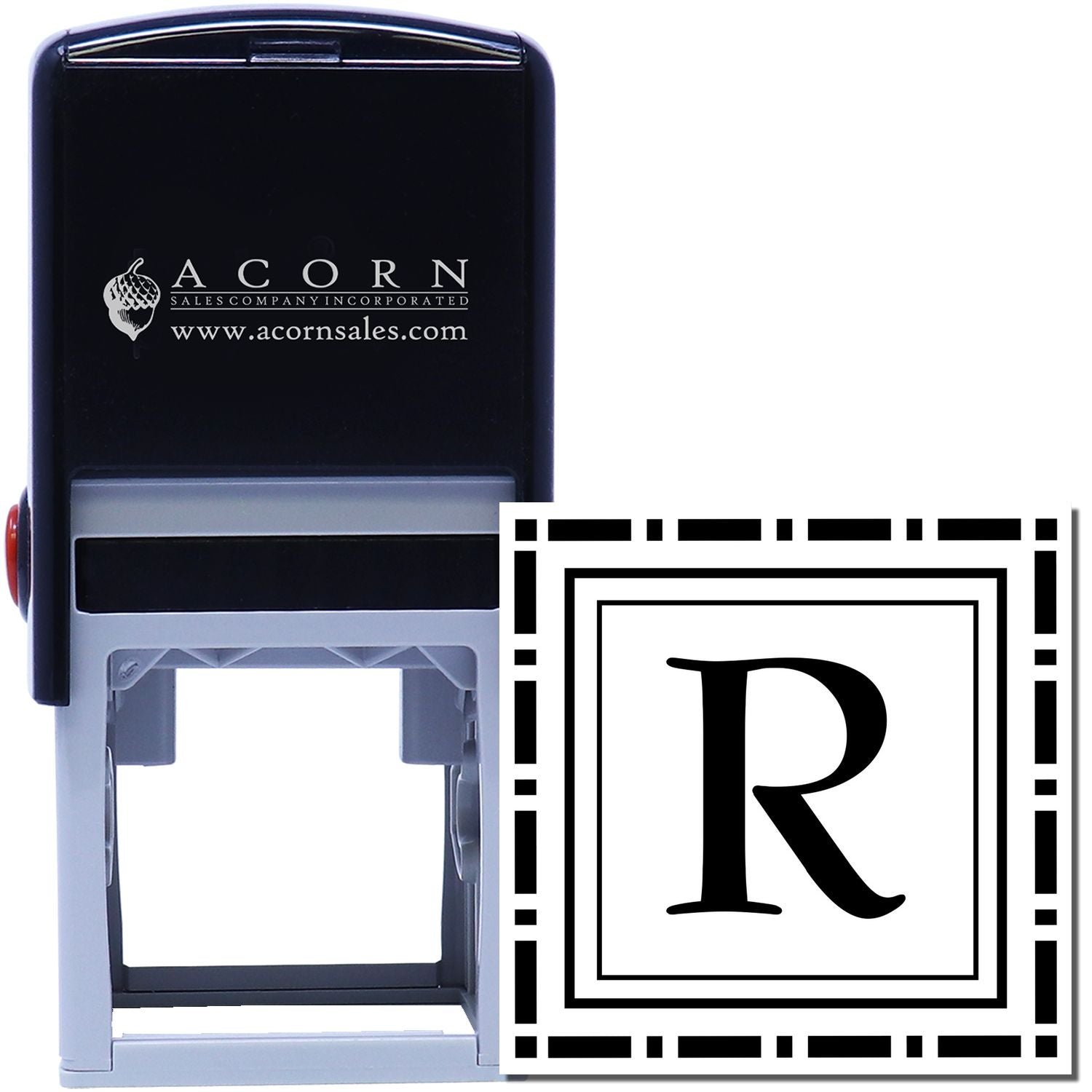 Custom self-inking rubber stamp with letter R monogram for business branding, return addresses, and stationery.