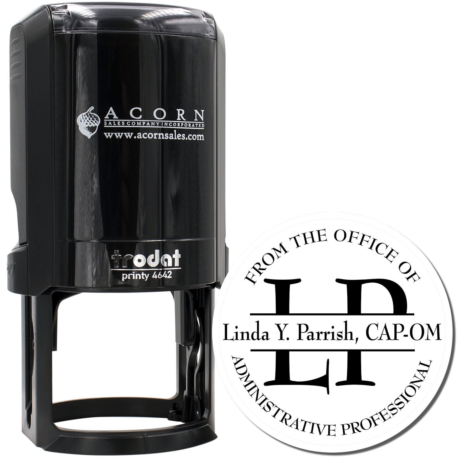 Custom self-inking rubber stamp with personalized office monogram design for administrative professional use.