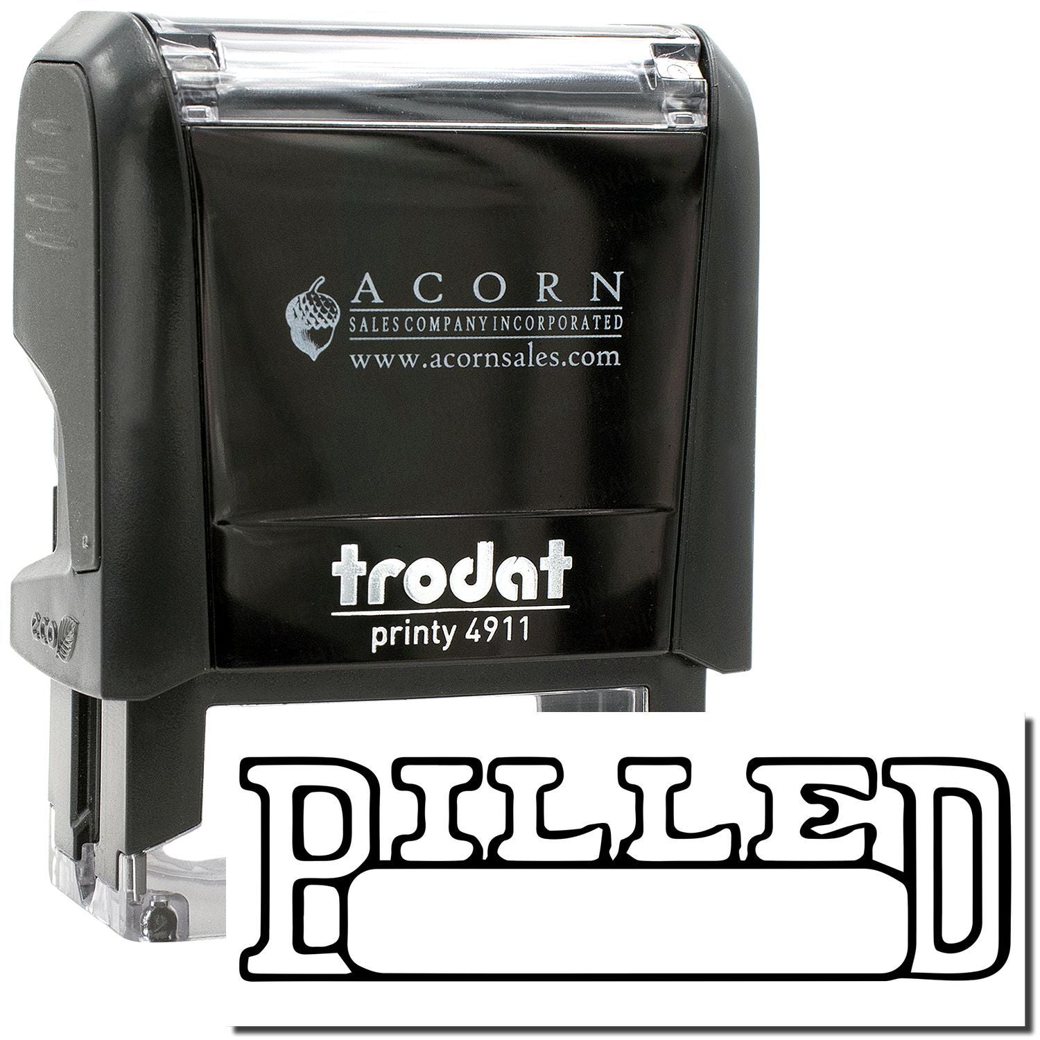 Trodat Printy 4911 self-inking custom rubber stamp with black ink and clear base