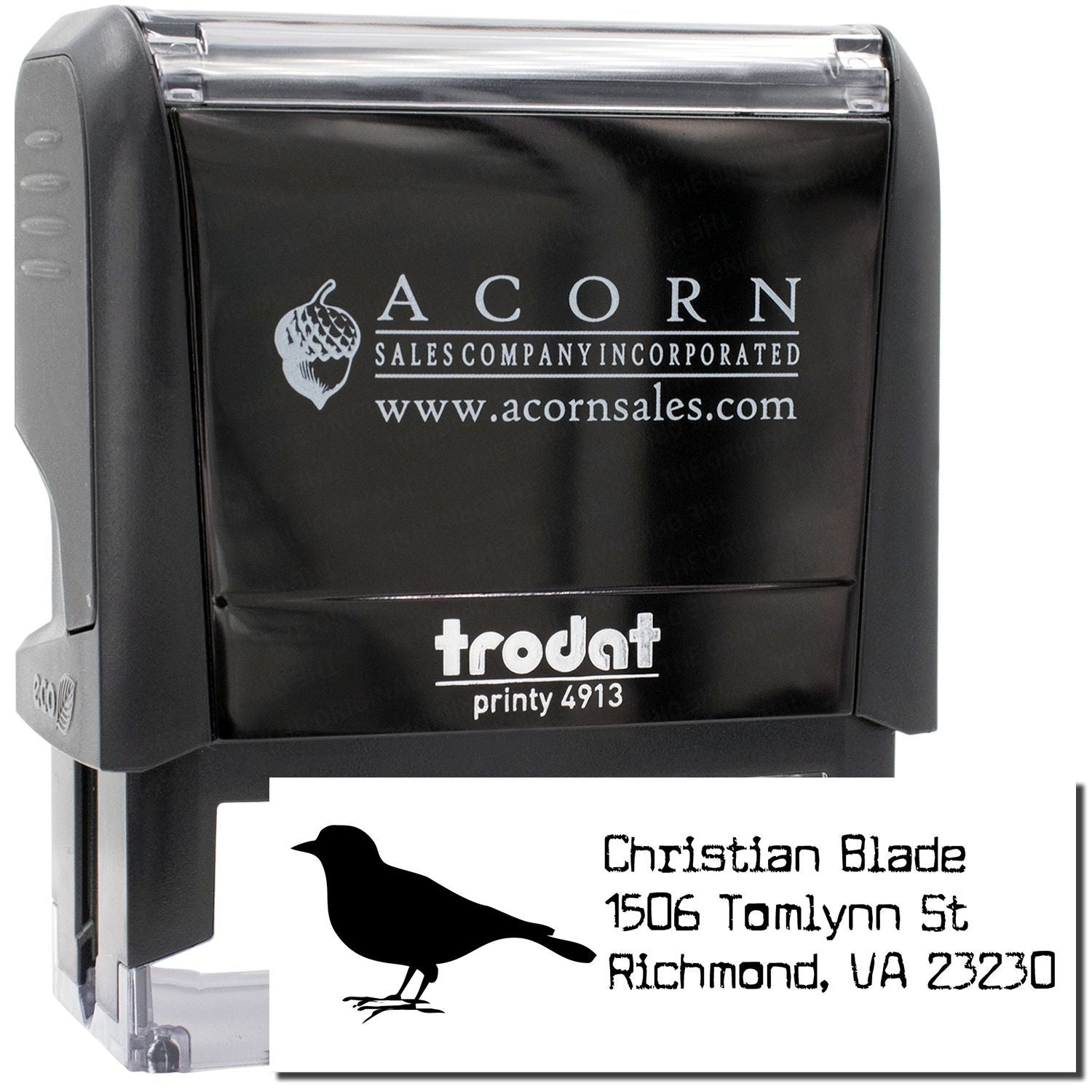 Custom self-inking rubber address stamp with bird logo and Christian Blade return address, Trodat Printy 4913.