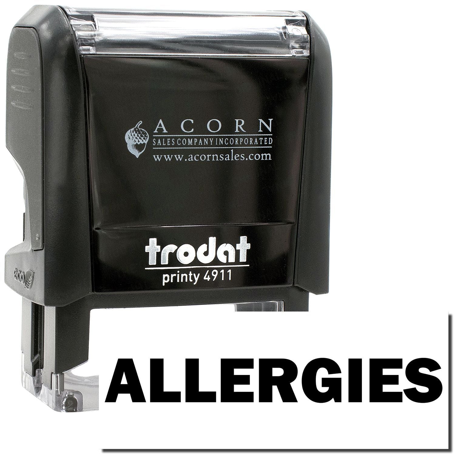 Trodat Printy 4911 Allergies self-inking stamp by Acorn Sales, black rubber stamp with clear label text.