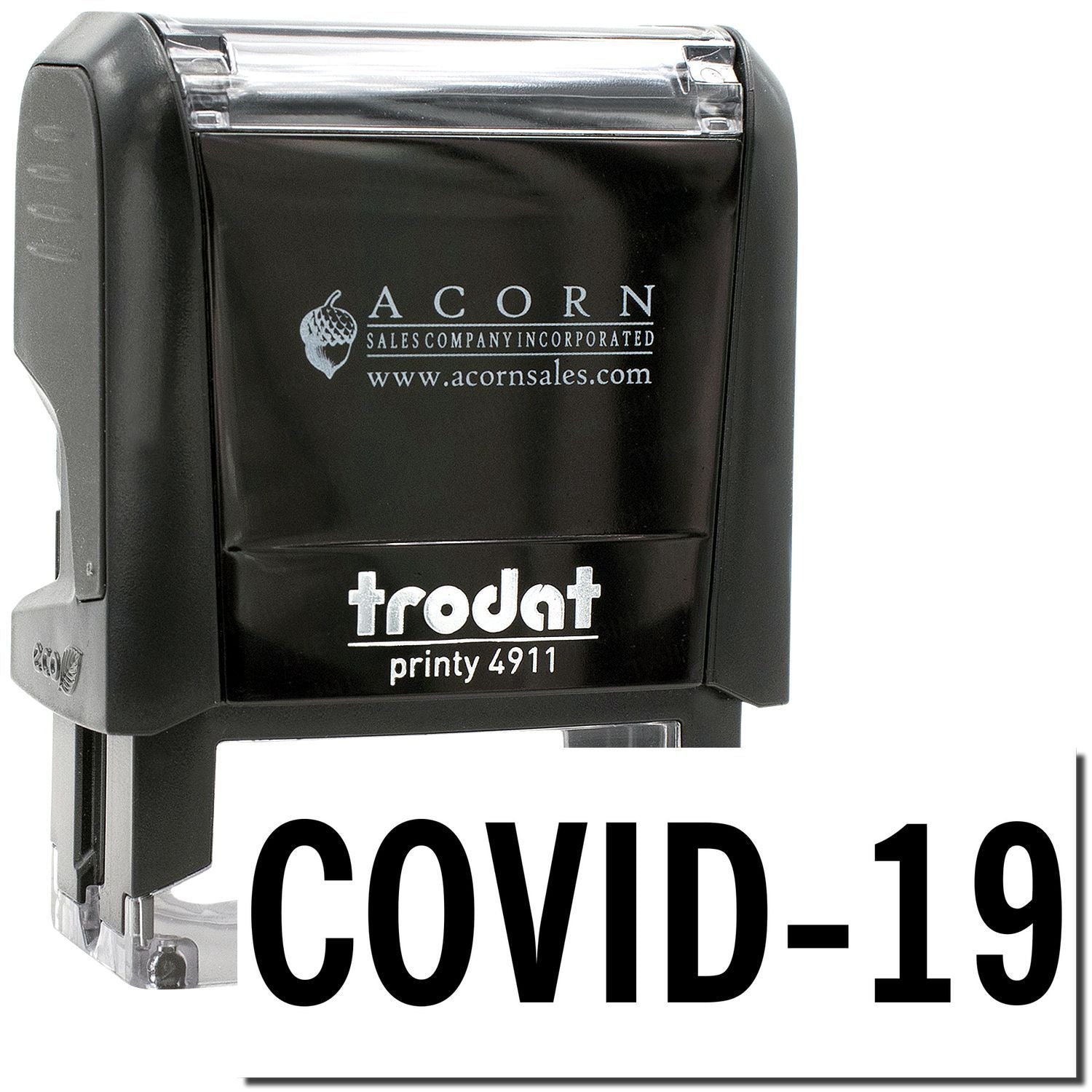 Black Trodat Printy 4911 self-inking COVID-19 stamp by Acorn Sales Company with clear acrylic case.