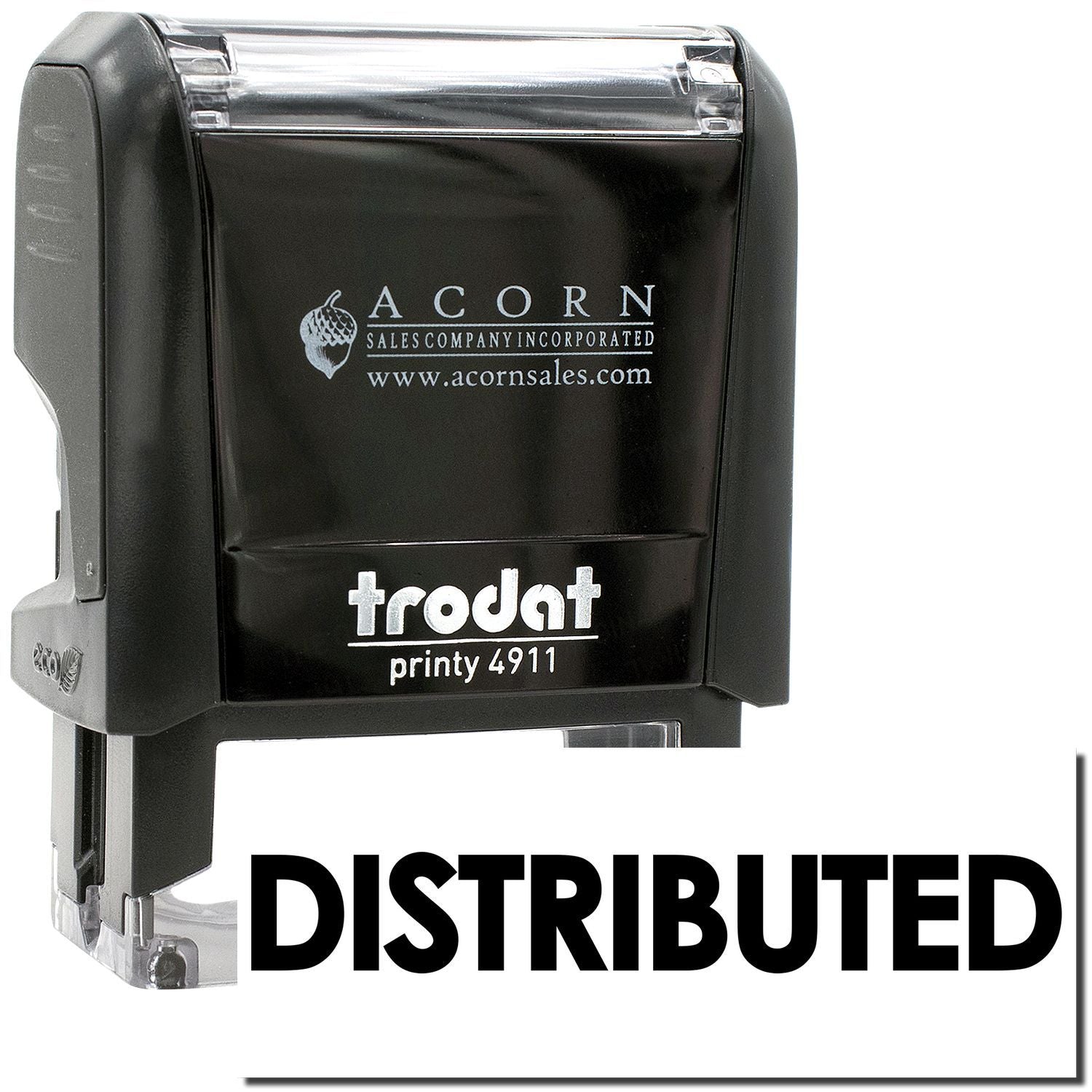 Black Trodat Printy 4911 self-inking stamp from Acorn Sales Company, distributed logo stamp with clear plastic cap.