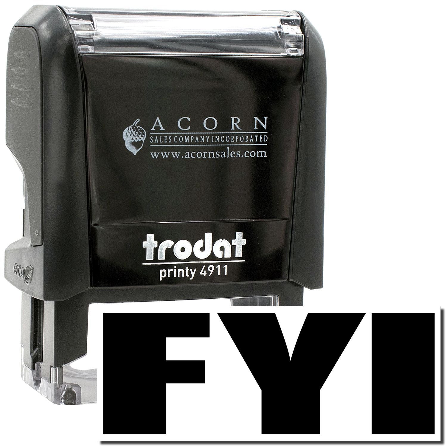 Trodat Printy 4911 self-inking stamp with FYI imprint and Acorn Sales logo, black office rubber stamp.