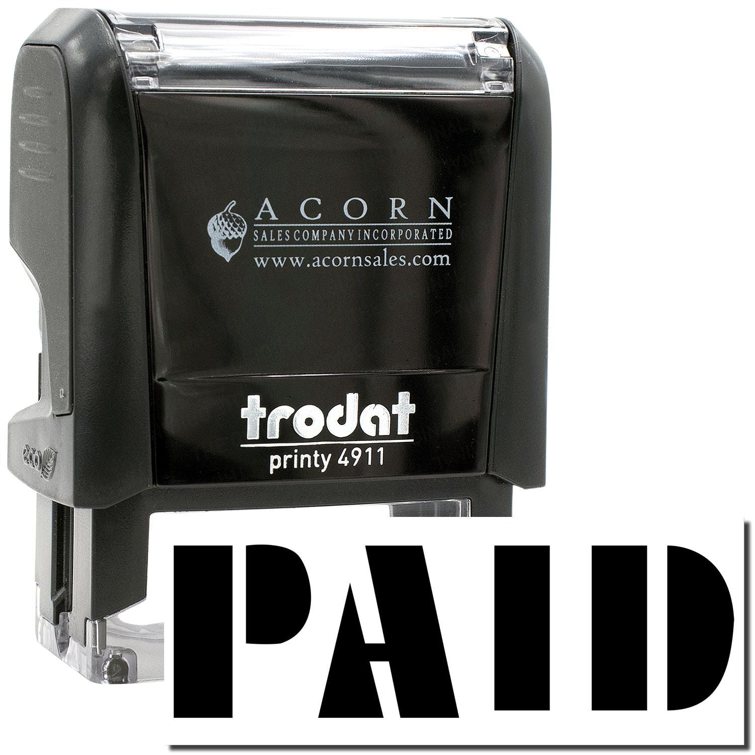 Black Trodat Printy 4911 self-inking PAID stamp with Acorn Sales Company logo for office and business use