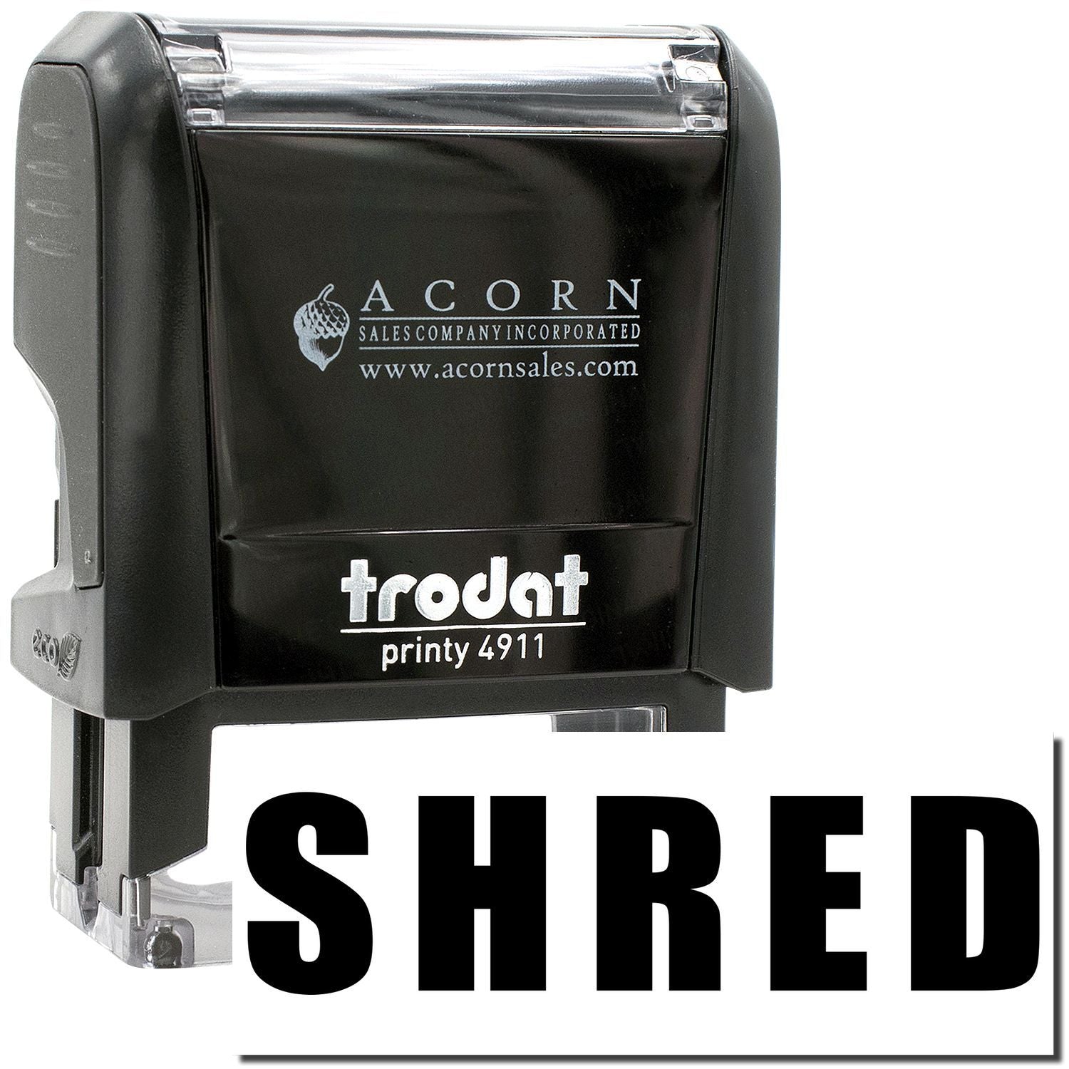 Black Trodat Printy 4911 self-inking stamp with SHRED imprint by Acorn Sales.