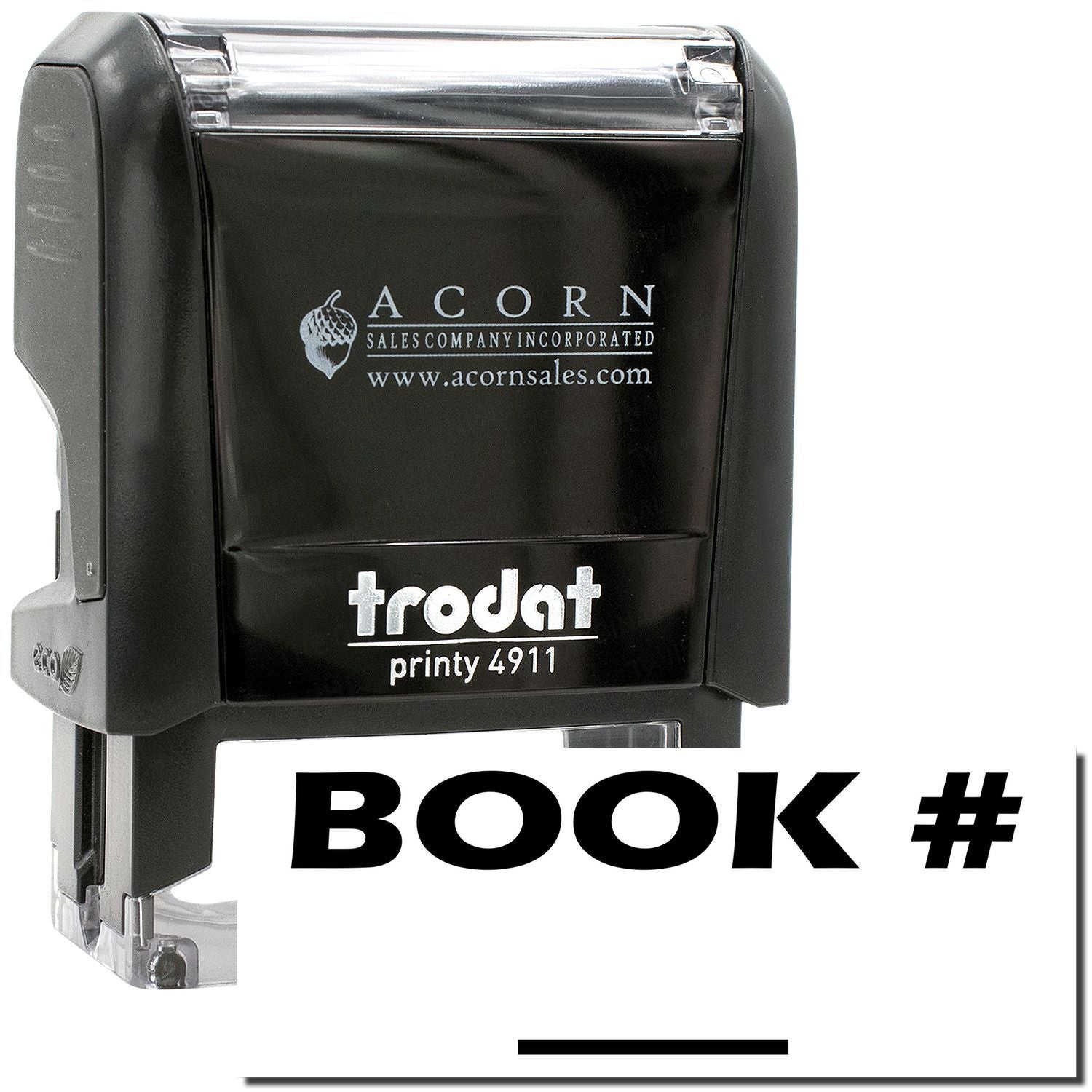 Trodat Printy 4911 black self-inking stamp with Acorn Sales logo and book number label