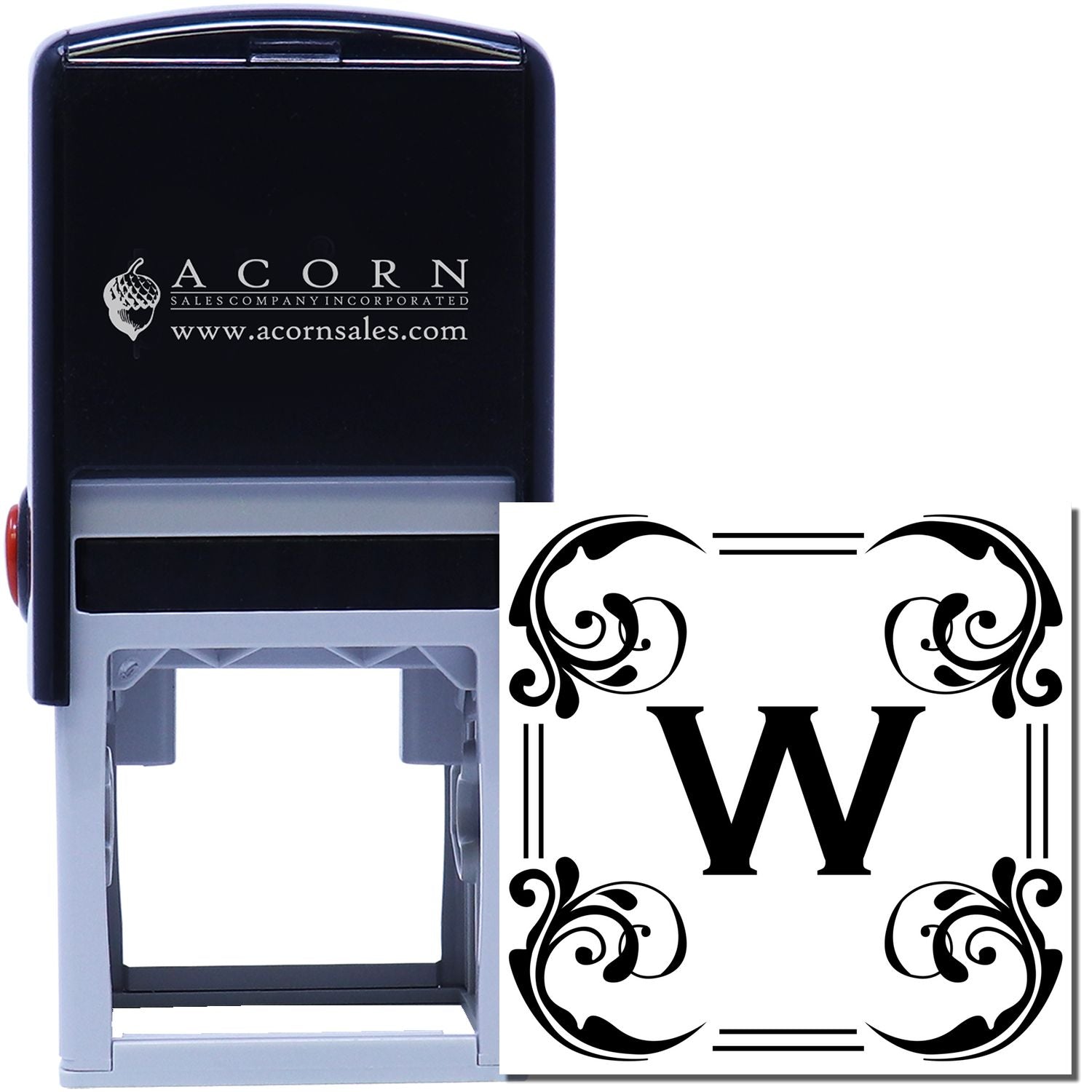Self-inking custom rubber stamp with decorative monogram W, ideal for personalized business and branding use.
