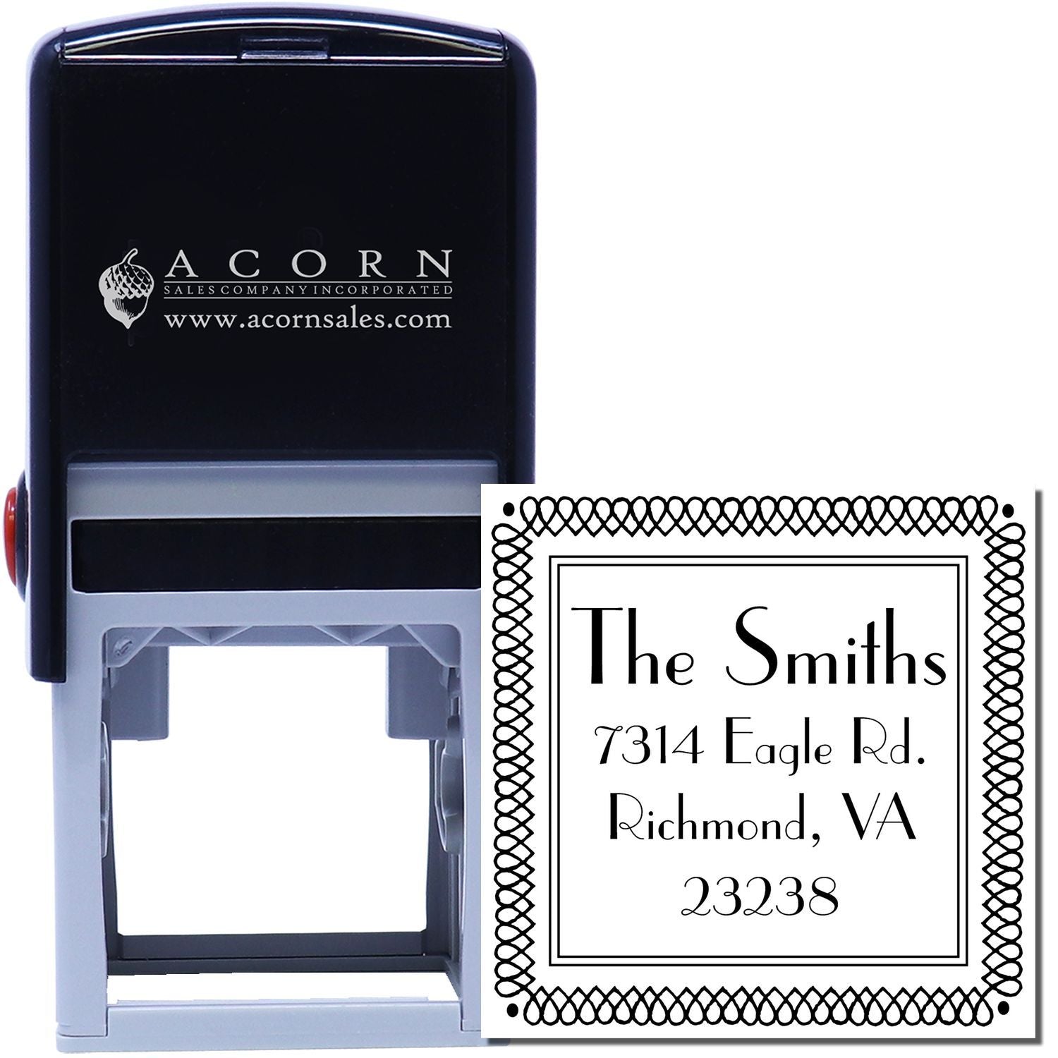 Custom self-inking return address rubber stamp with decorative border and personalized family name design for mailing and envelopes