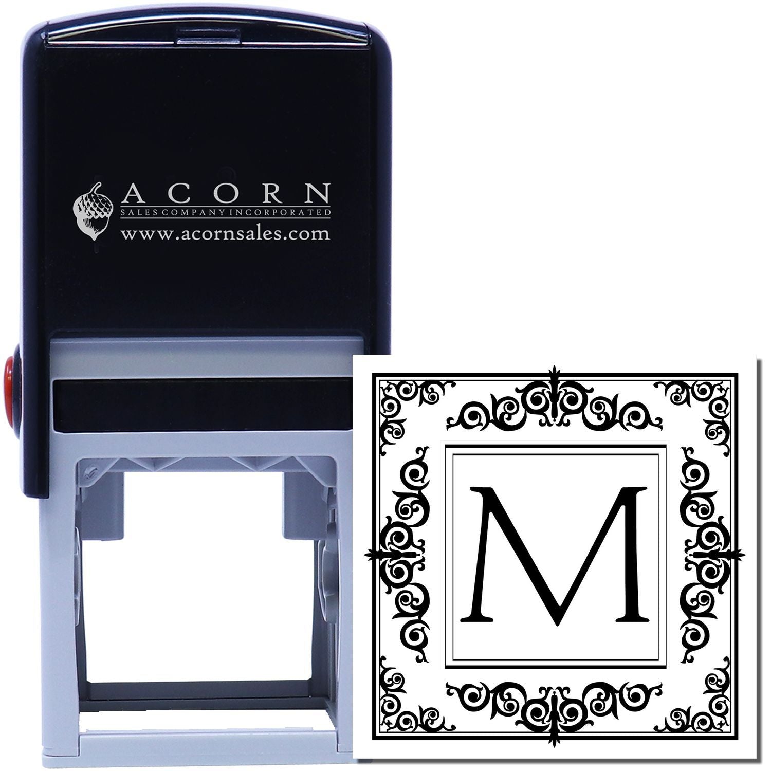 Custom self-inking rubber stamp with ornate monogram letter M for weddings, business branding, or personalized stationery.