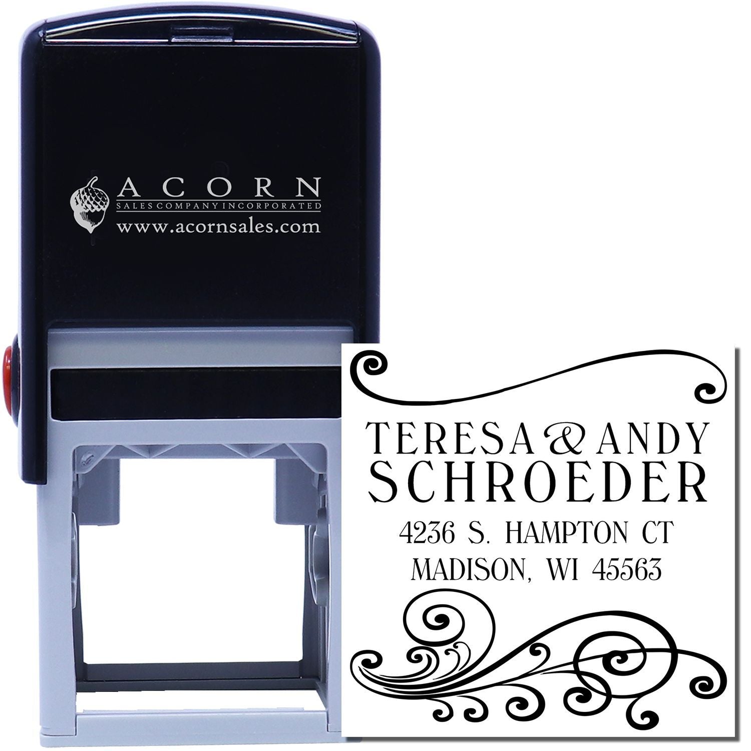 Personalized self-inking address rubber stamp with decorative flourish for Teresa and Andy Schroeder