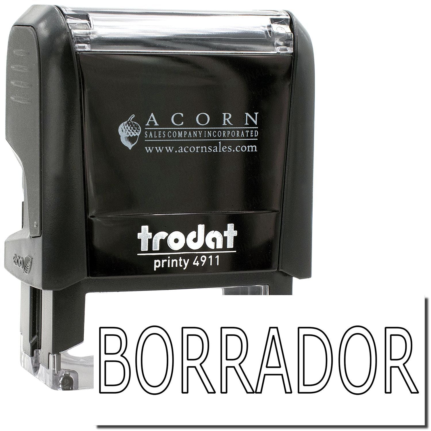 Borrador Trodat Printy 4911 self-inking stamp in black with Acorn Sales logo, office rubber stamp tool