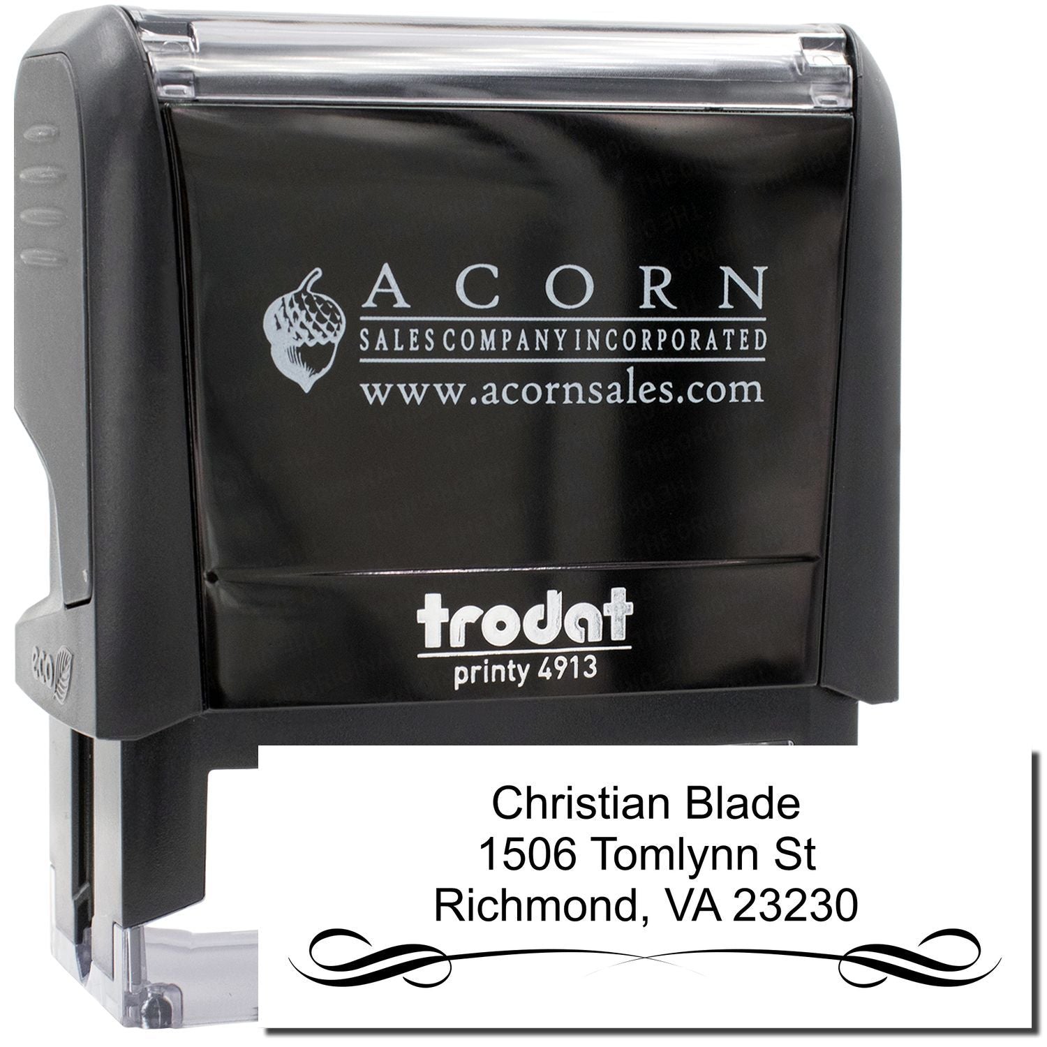 Custom Trodat Printy 4913 self-inking rubber address stamp with Acorn Sales logo and personalized name and address imprint.