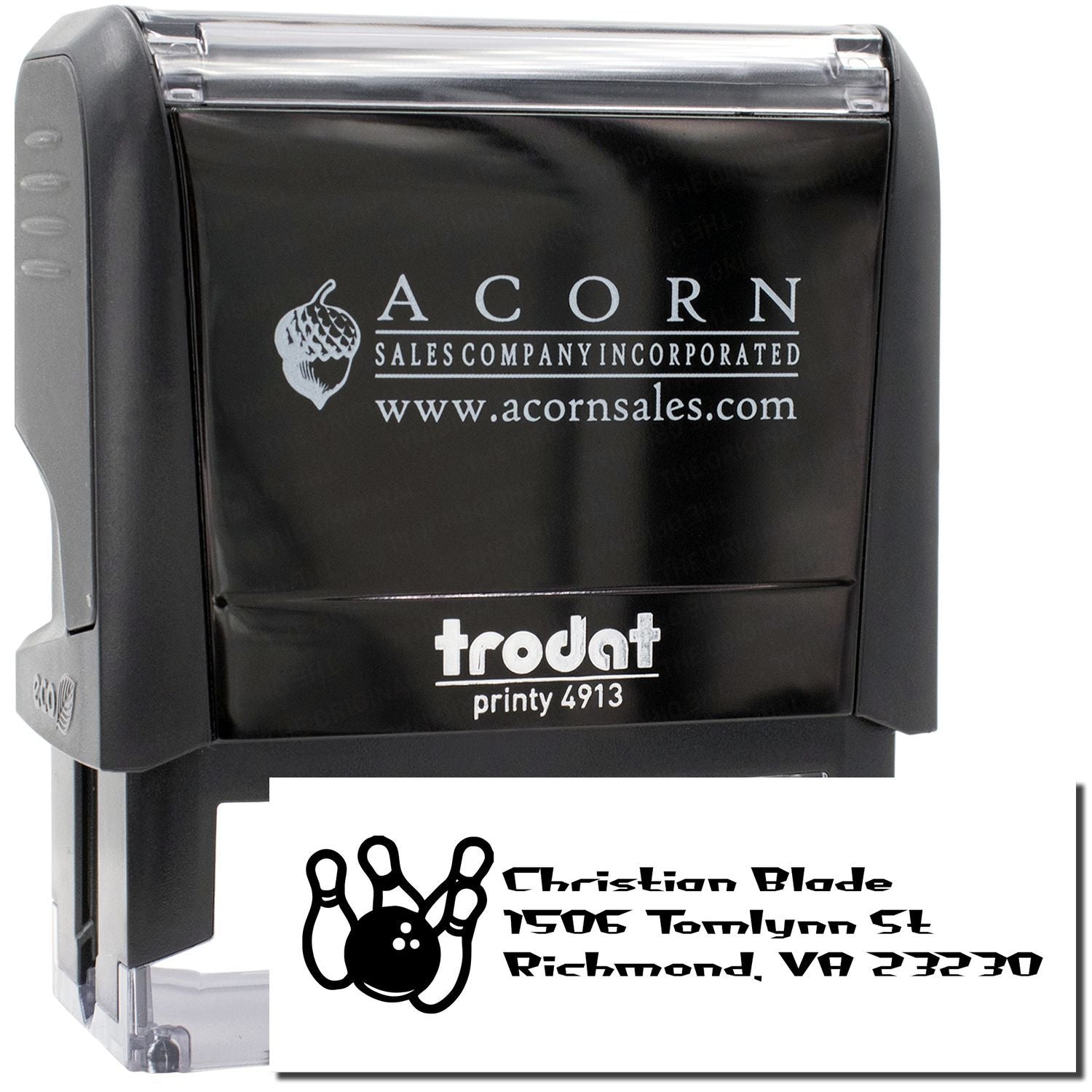 Custom self-inking rubber address stamp for business branding, logo use, and mailing.