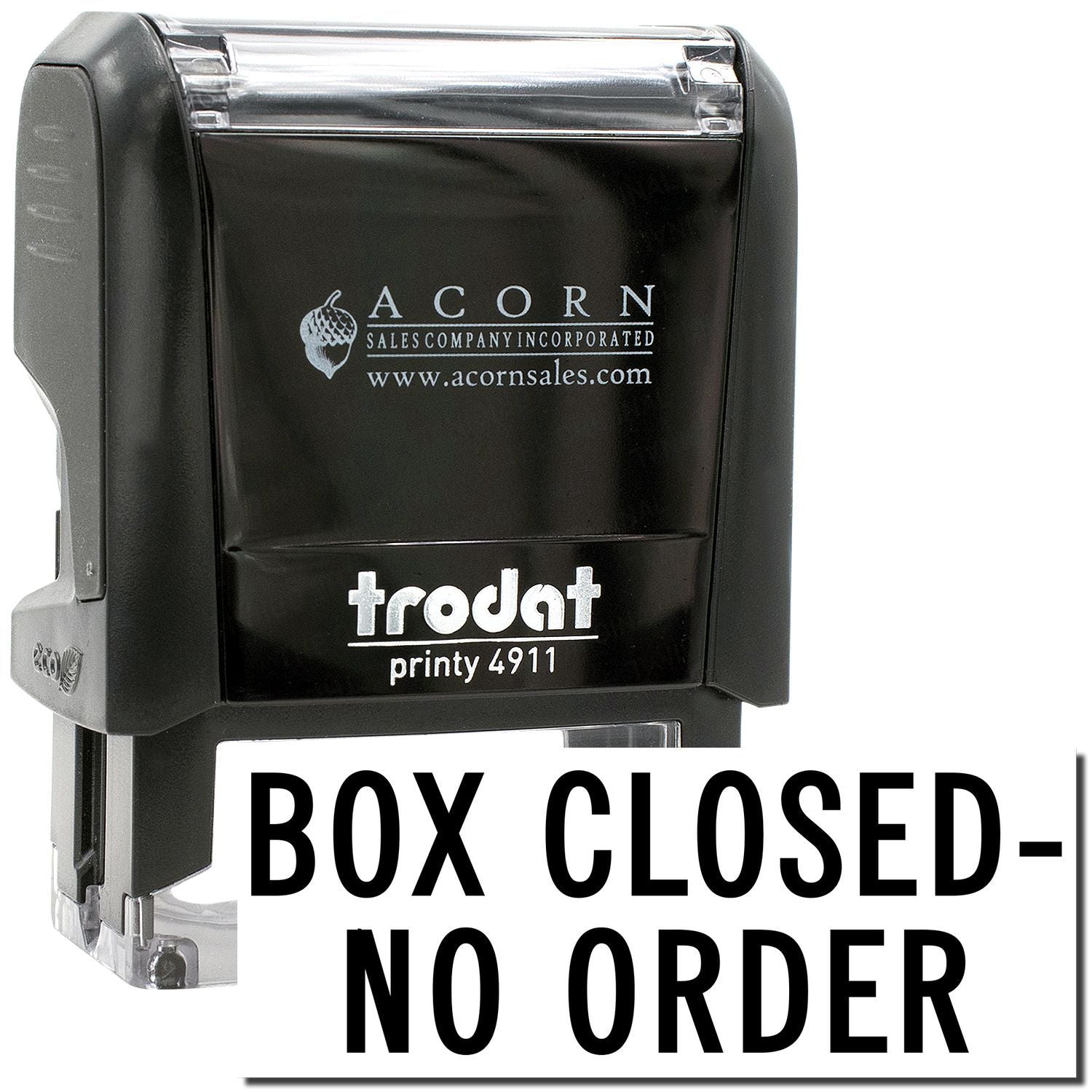 Trodat Printy 4911 self-inking Box Closed No Order stamp with Acorn Sales logo