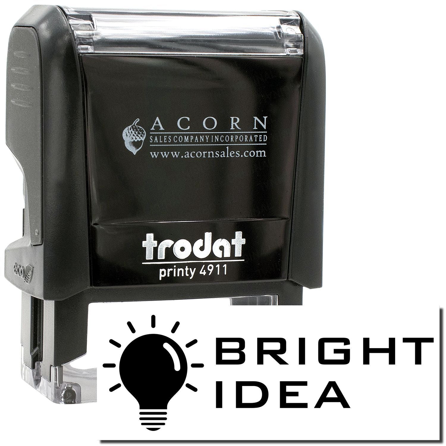 Black Trodat Printy 4911 self-inking stamp with Acorn Sales Company branding and Bright Idea logo.