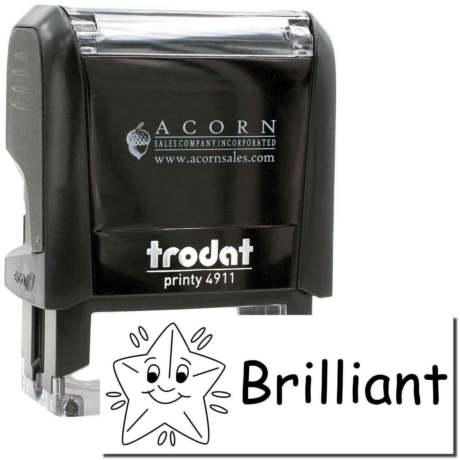 Trodat Printy 4911 self-inking stamp with Acorn Sales logo and Brilliant custom imprint sample.