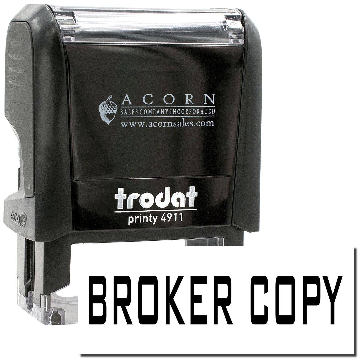Trodat Printy 4911 broker copy self-inking stamp with Acorn Sales Company logo on black casing