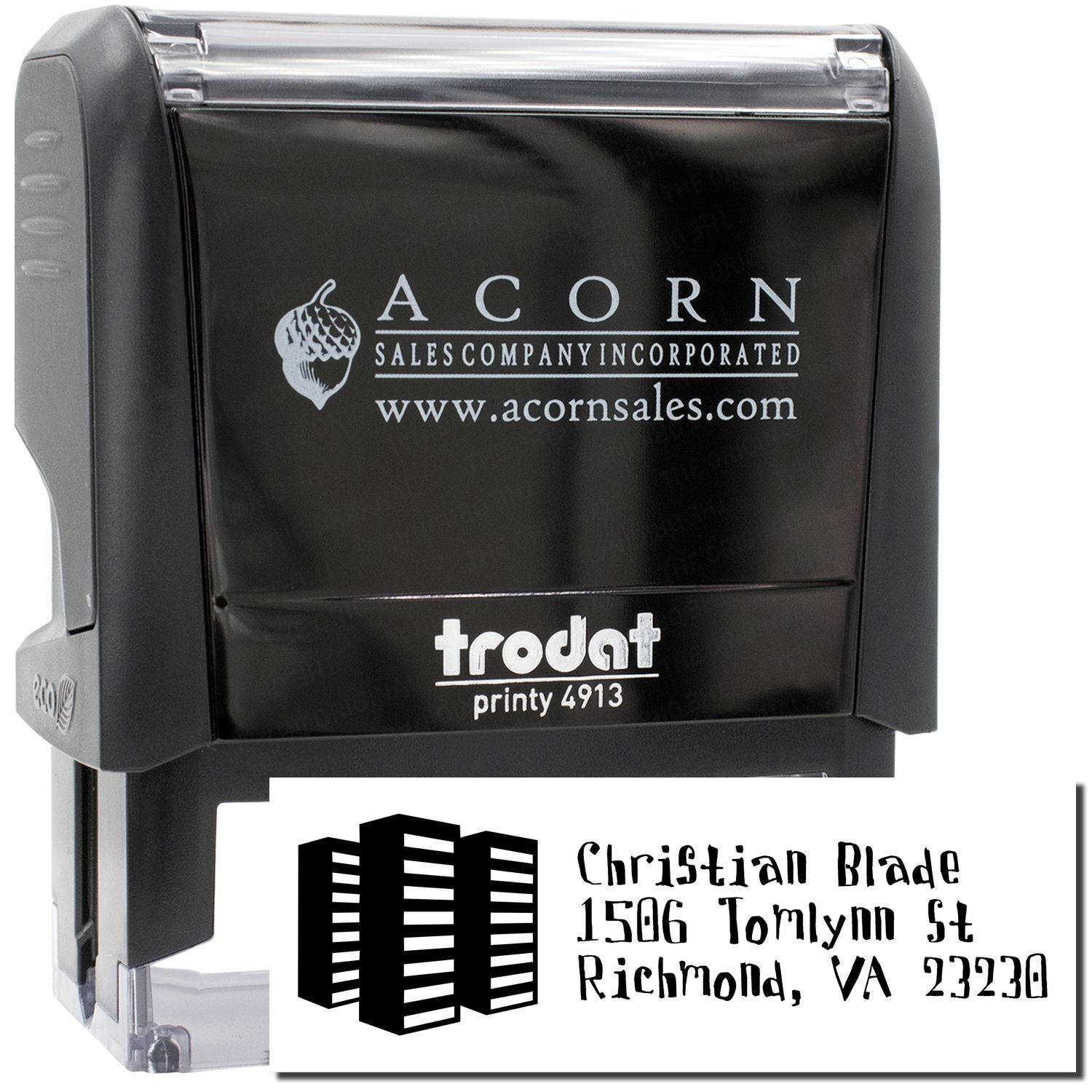 Custom self-inking rubber address stamp with logo, Trodat Printy 4913, for business return addresses.