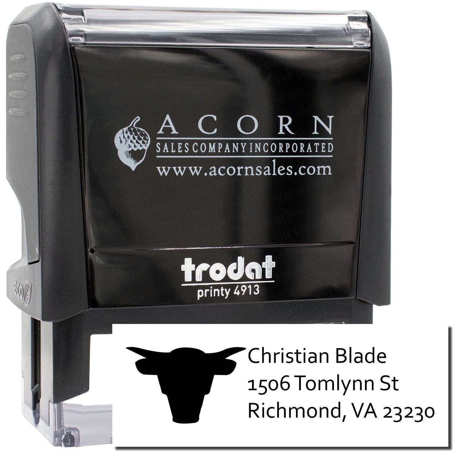 Custom self-inking address rubber stamp, Trodat Printy 4913, with business logo and address imprint.