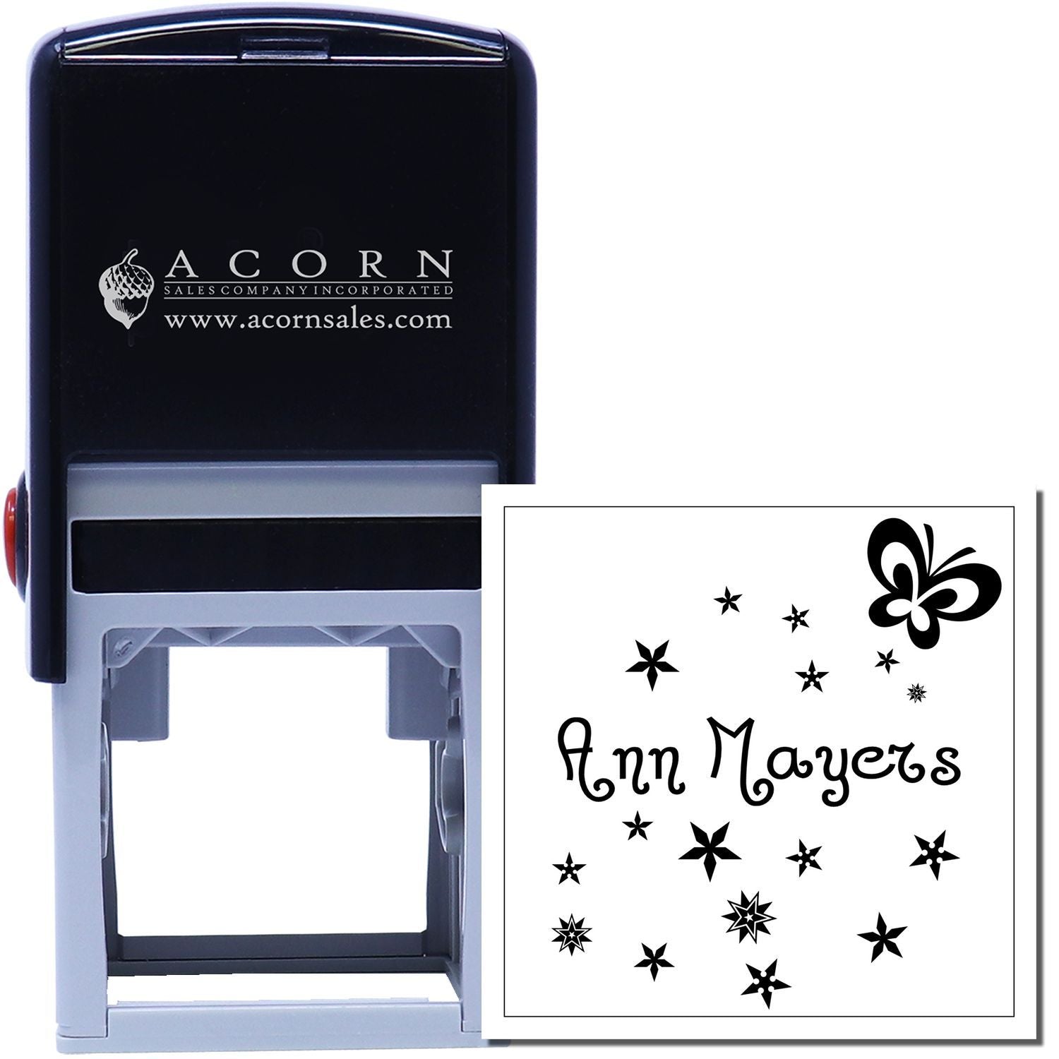 Custom self-inking rubber stamp with Ann Mayers name and decorative stars, ideal for personalized business or return-address stamping.