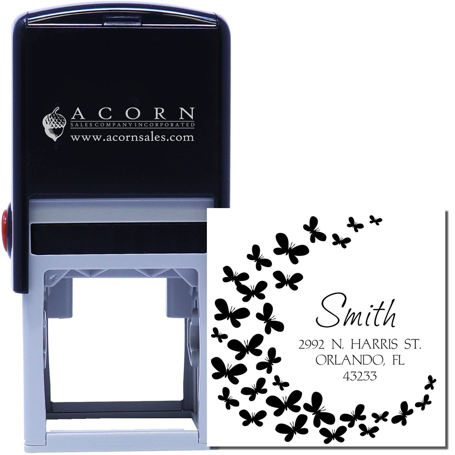 Custom self-inking rubber address stamp with butterfly design and Smith sample imprint for mailing and personal correspondence