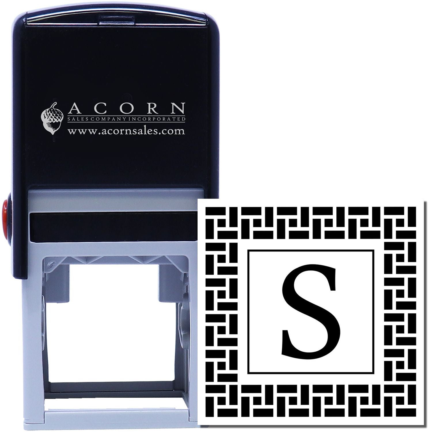 Self-inking rubber stamp with custom S monogram, ideal for business branding and document marking